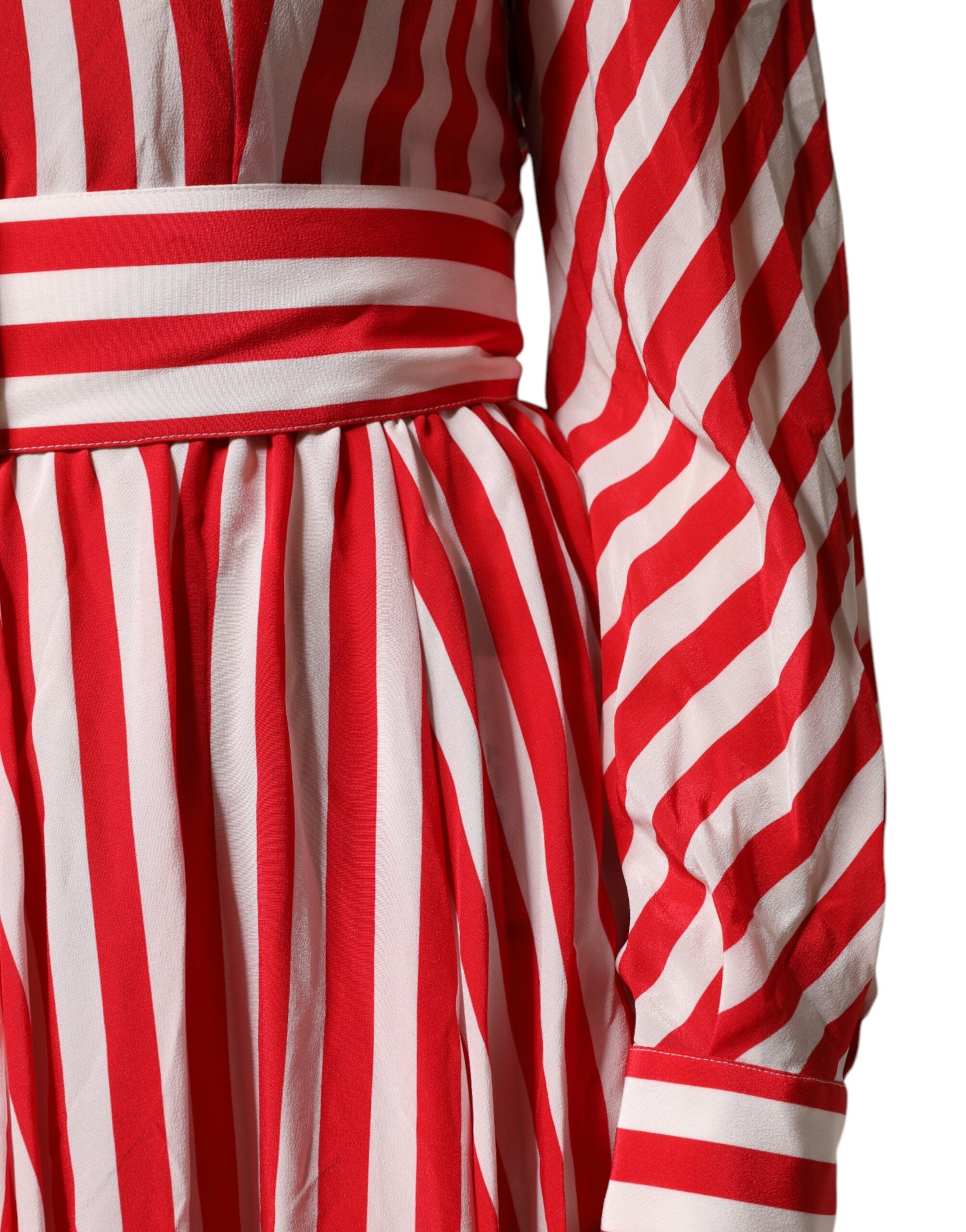 White Red Stripes Long Sleeves Midi Dress - ventzia