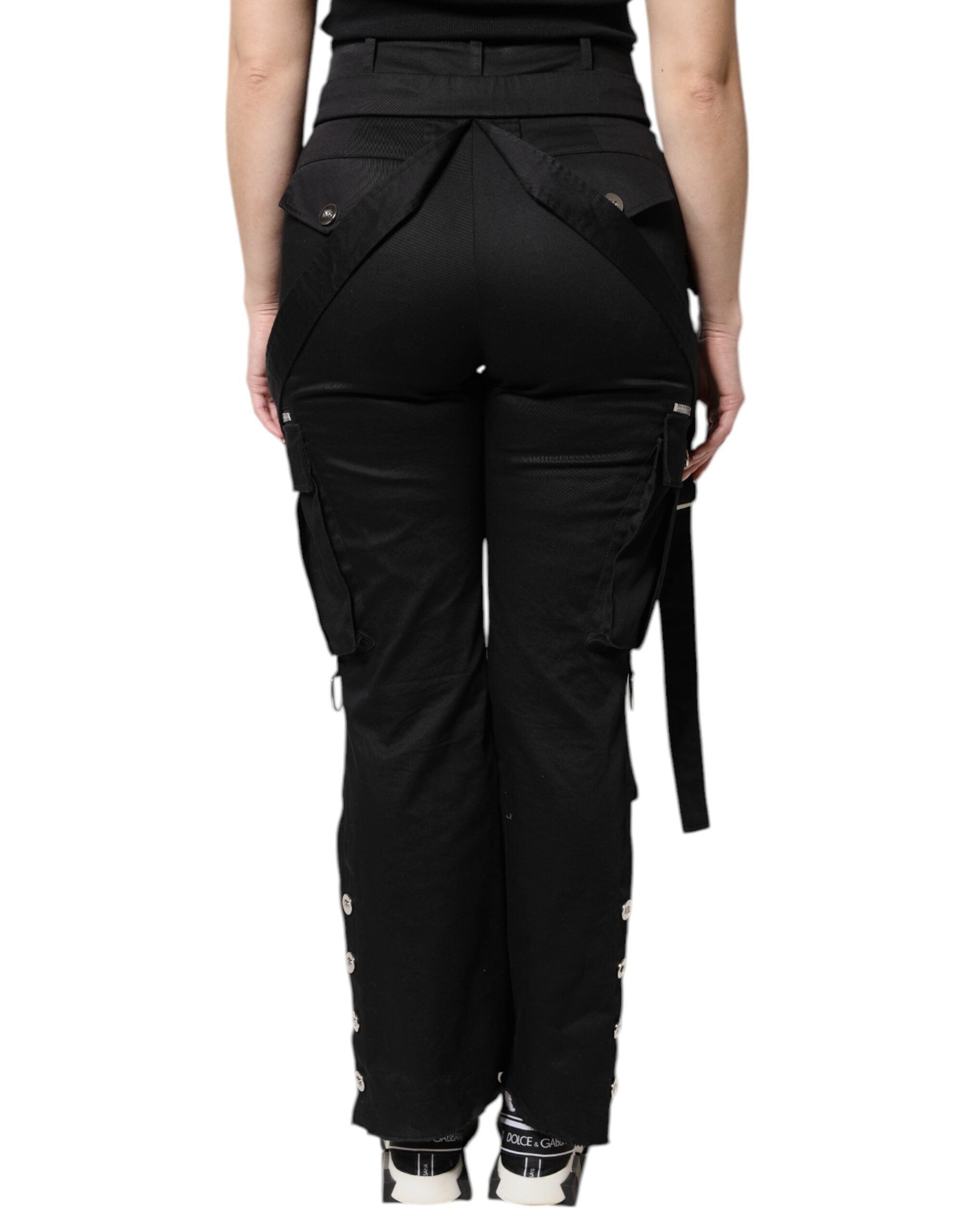 Black Cotton High Waist Cargo Pants - ventzia