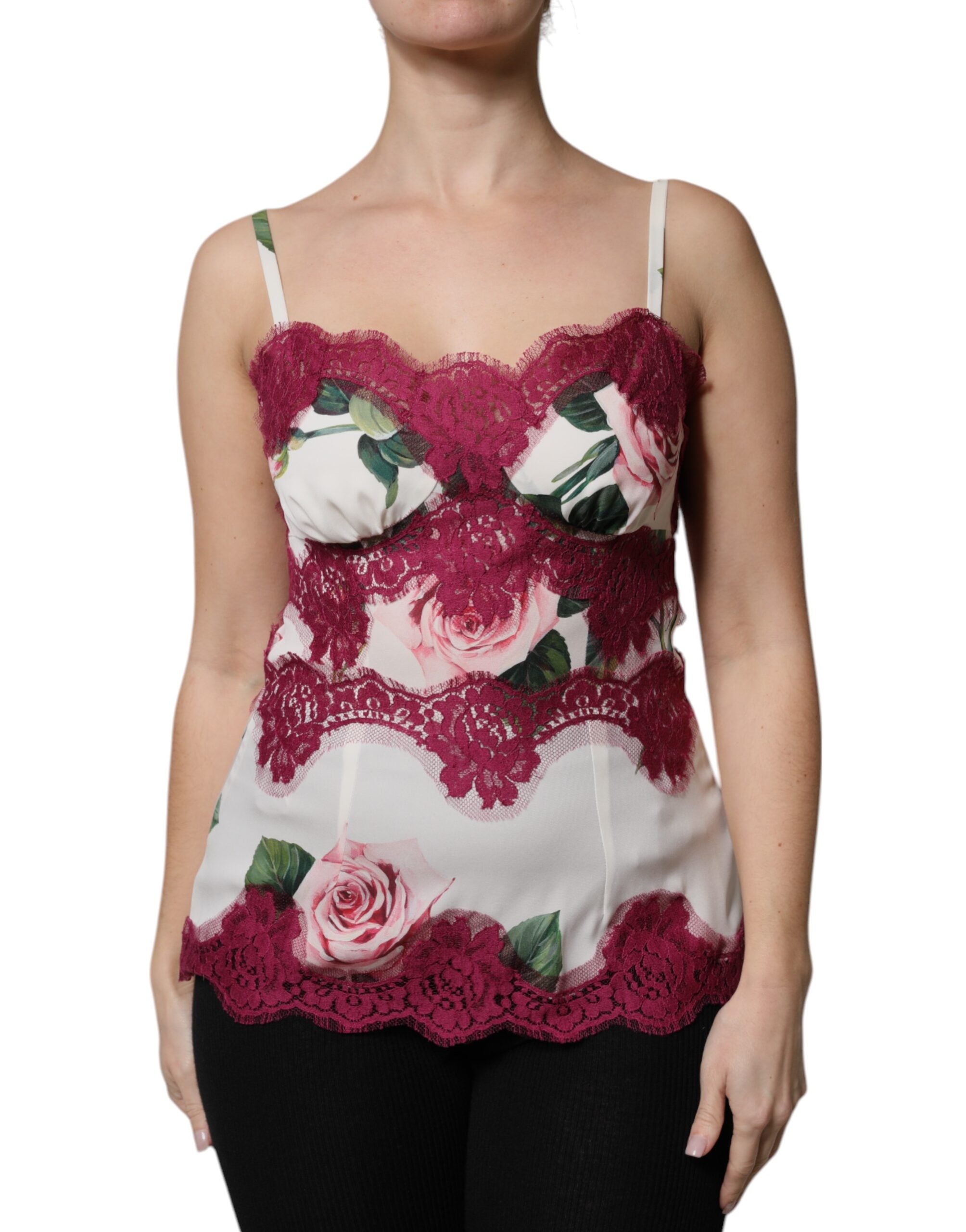 White Rose Print Satin Lace Tank Top Lingerie - ventzia