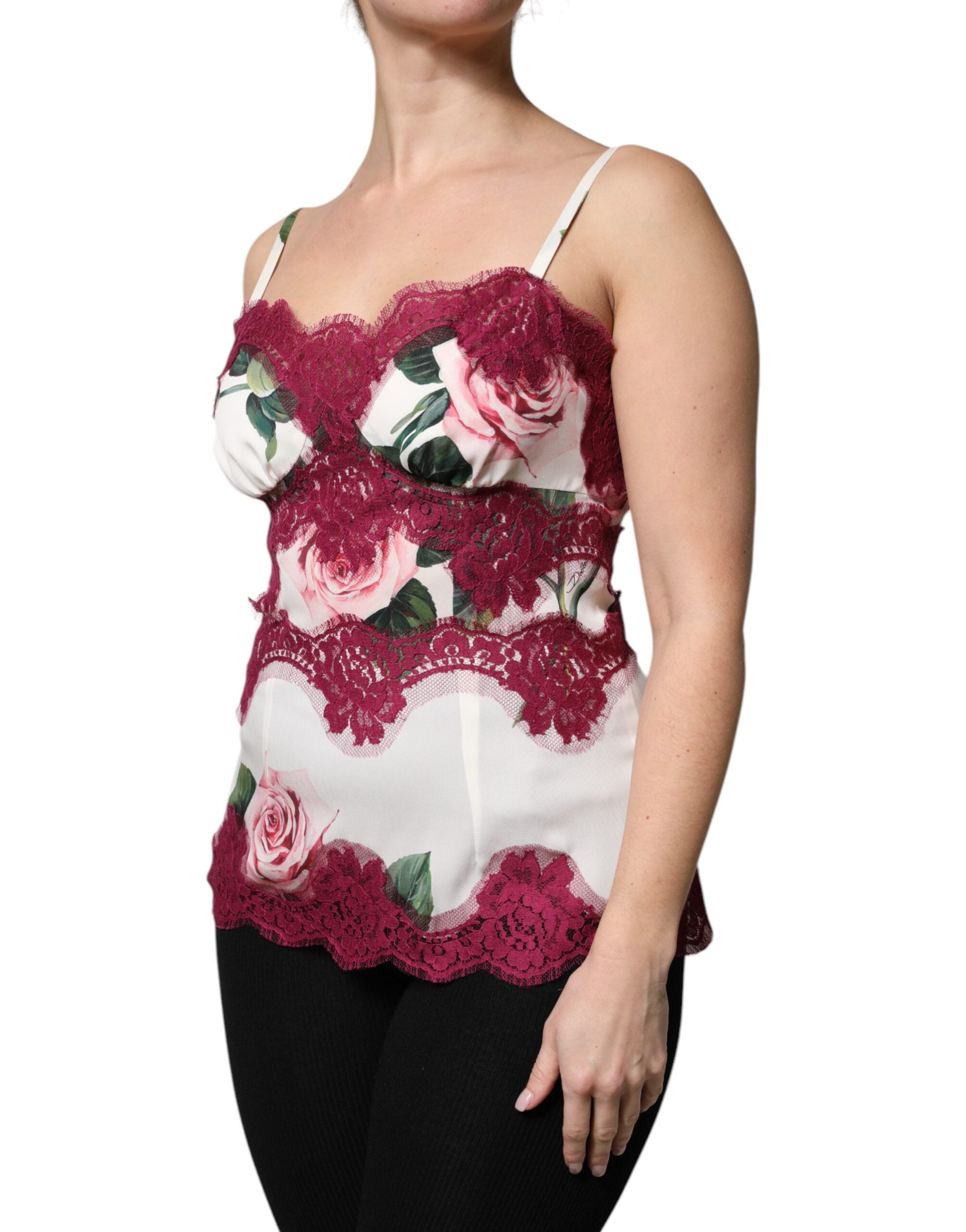 White Rose Print Satin Lace Tank Top Lingerie - ventzia