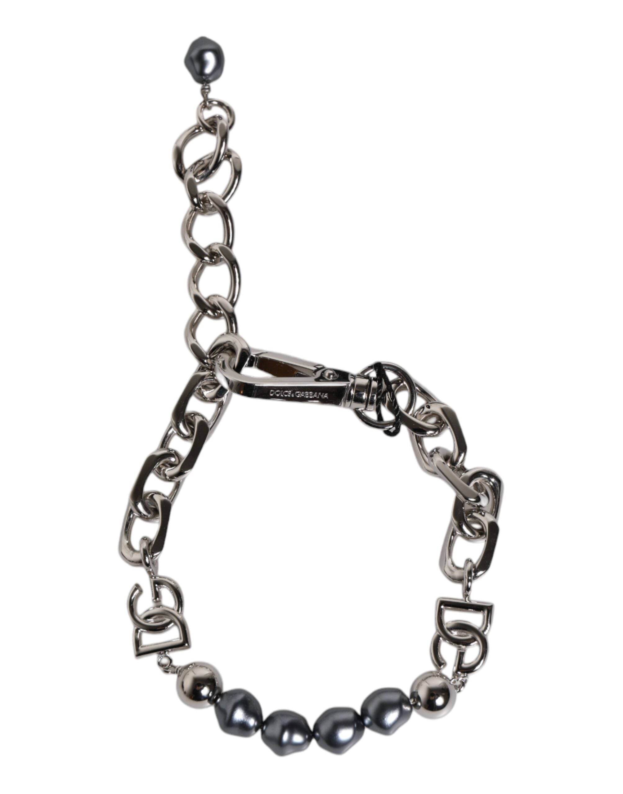 Silver Tone Chain Lobster Clasp Logo Gray Pearls Bracelet - ventzia