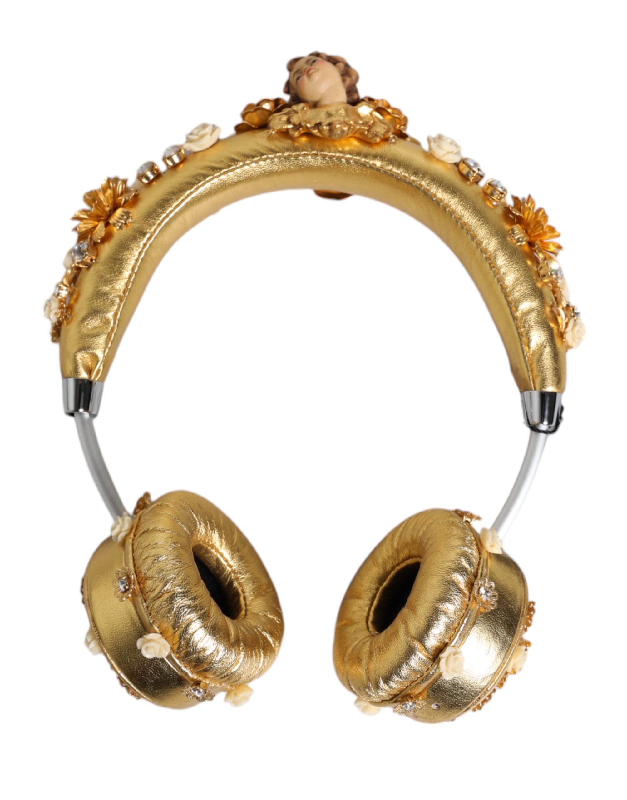Gold Leather Floral Crystal Angel Headset Headphones - ventzia
