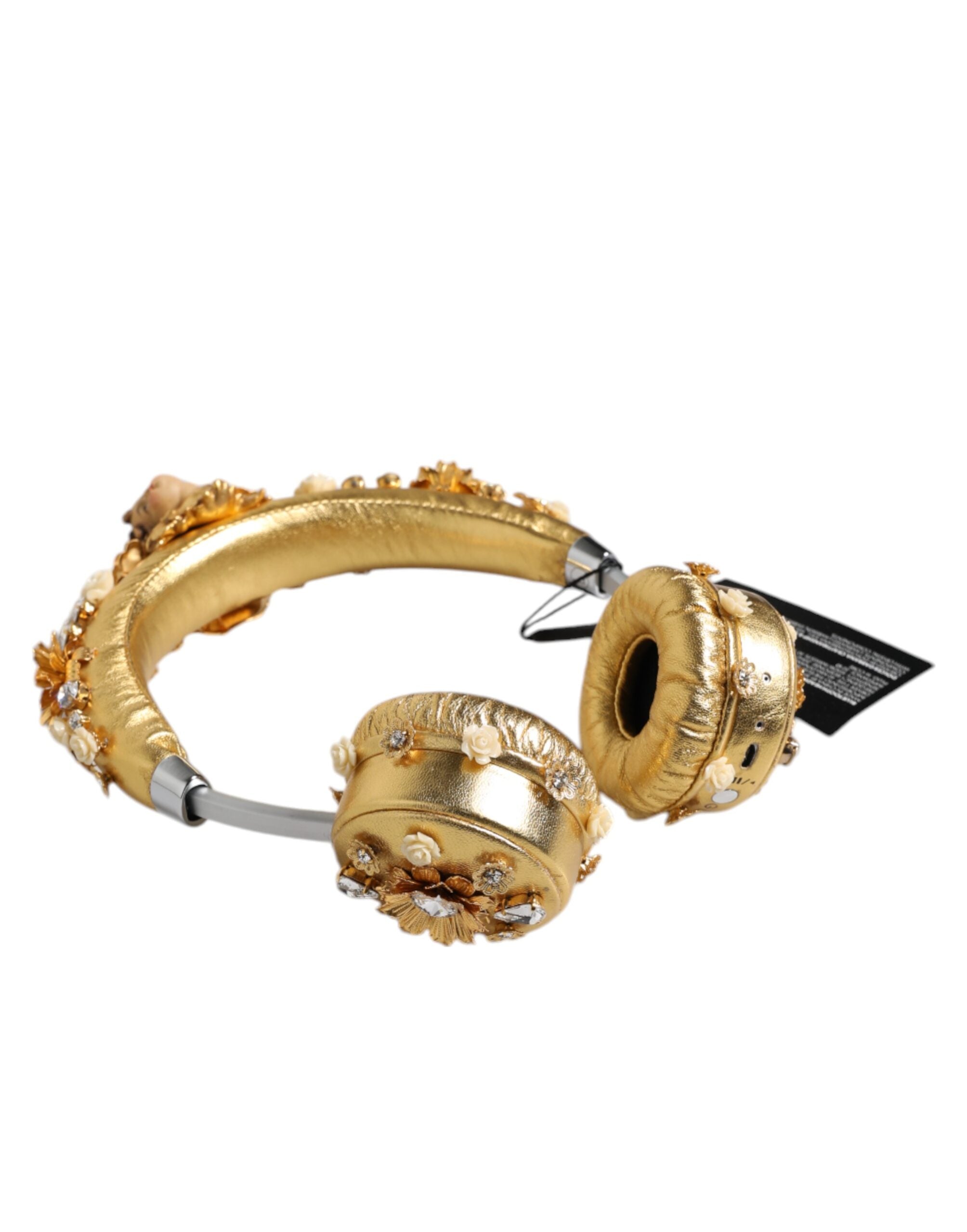 Gold Leather Floral Crystal Angel Headset Headphones - ventzia