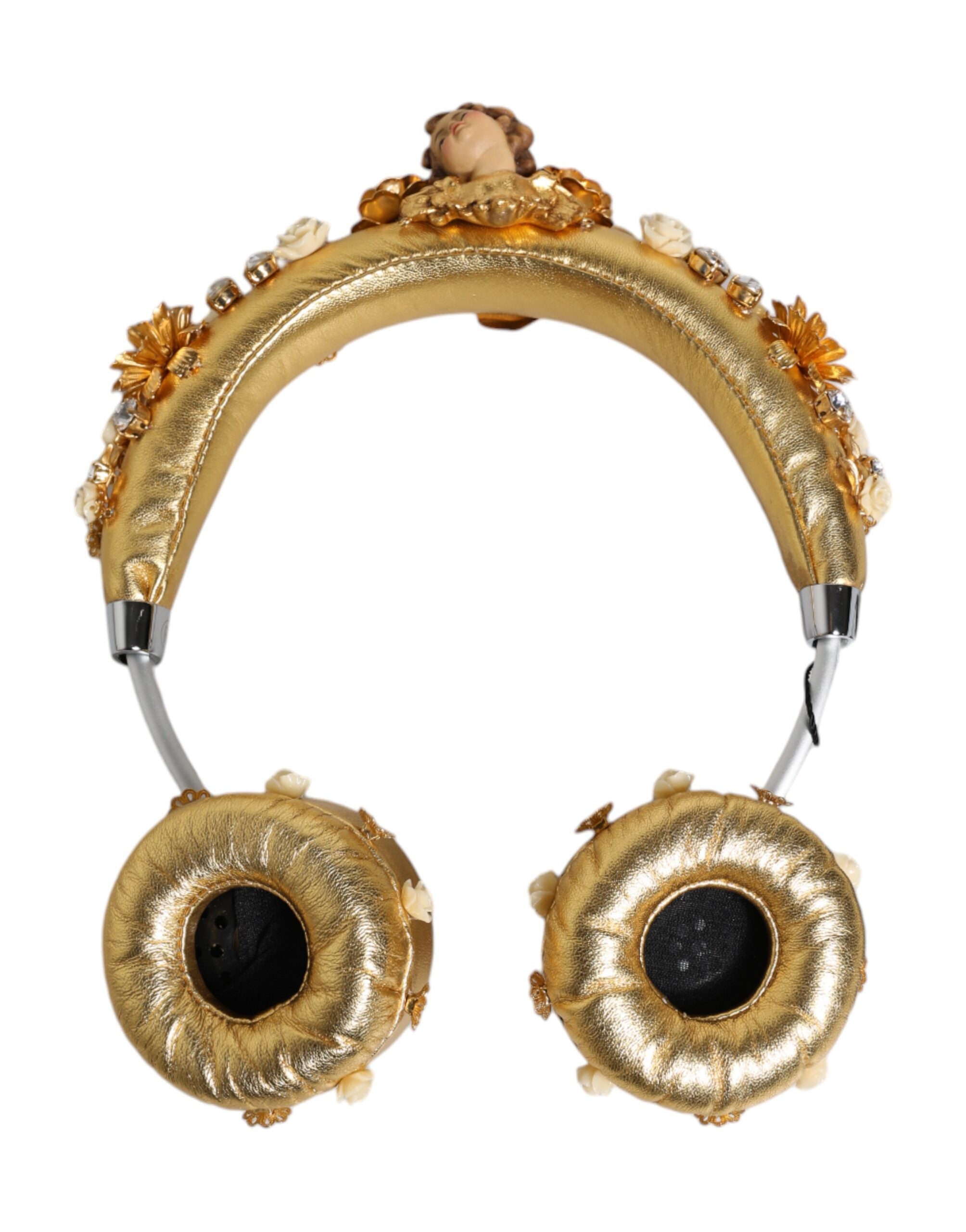 Gold Leather Floral Crystal Angel Headset Headphones - ventzia