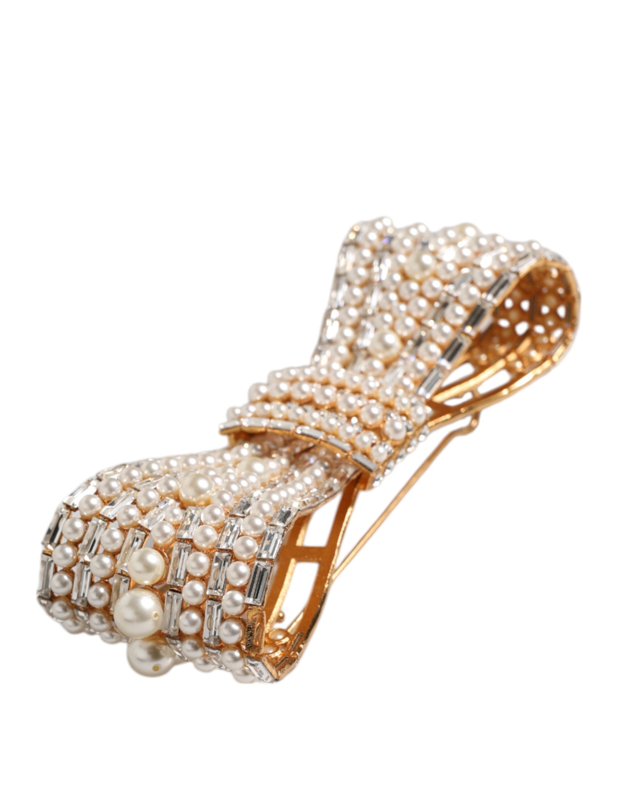 Gold Tone Brass Bow Crystal FauxPearl Embellished Brooch - ventzia