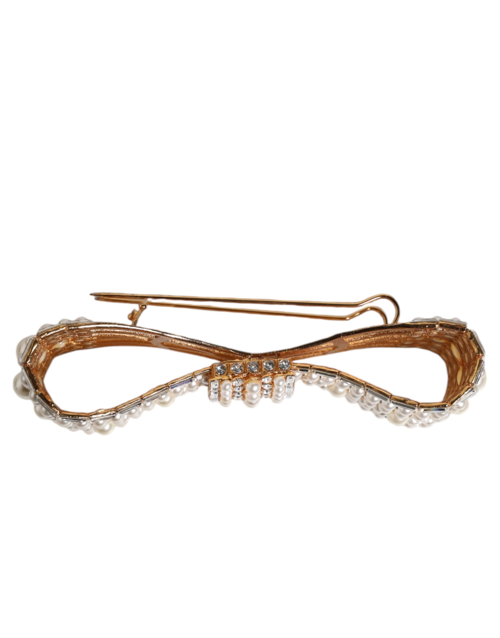 Gold Tone Brass Bow Crystal FauxPearl Embellished Brooch - ventzia