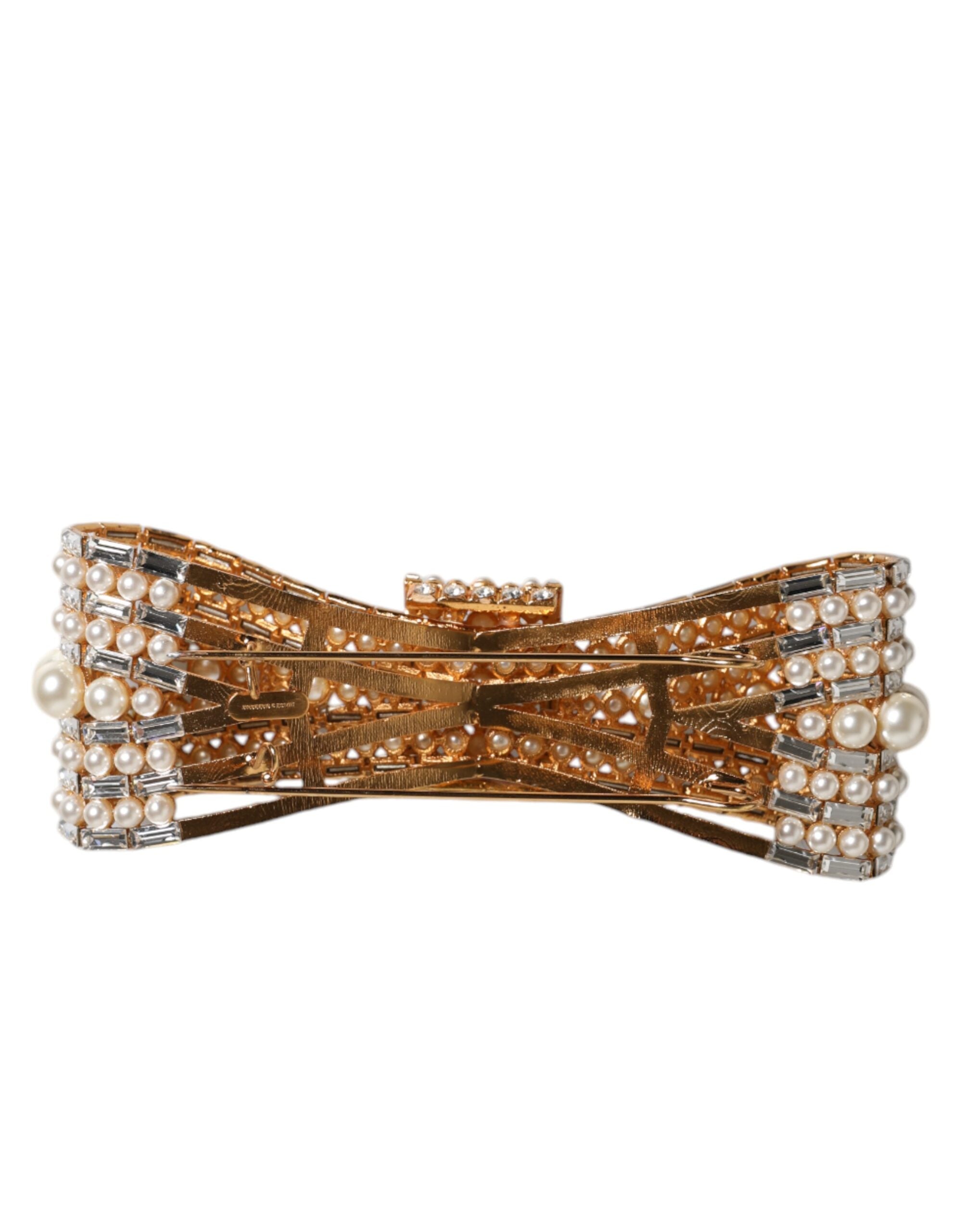 Gold Tone Brass Bow Crystal FauxPearl Embellished Brooch - ventzia