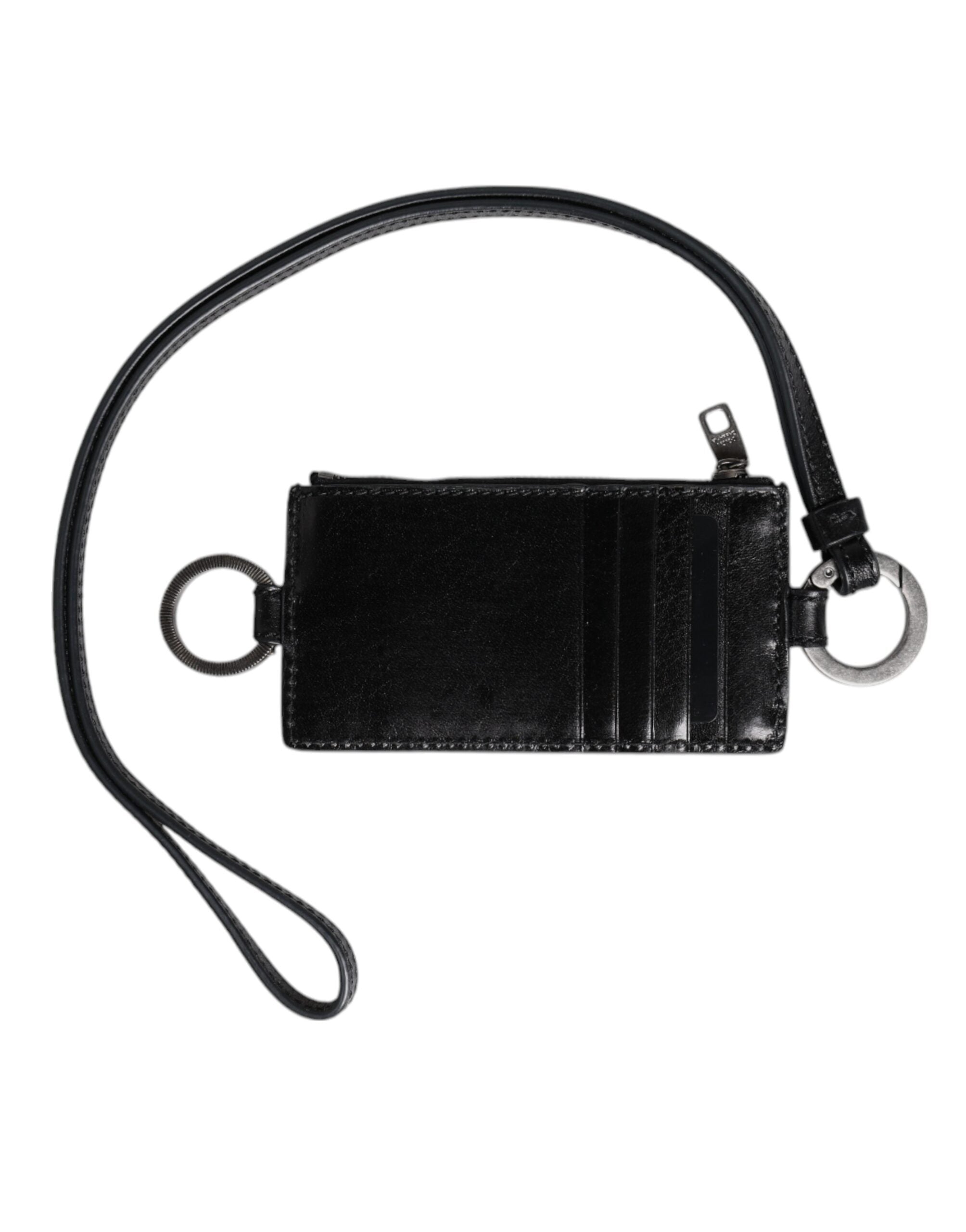 Black Leather Logo Embossed Lanyard Card Holder Wallet - ventzia