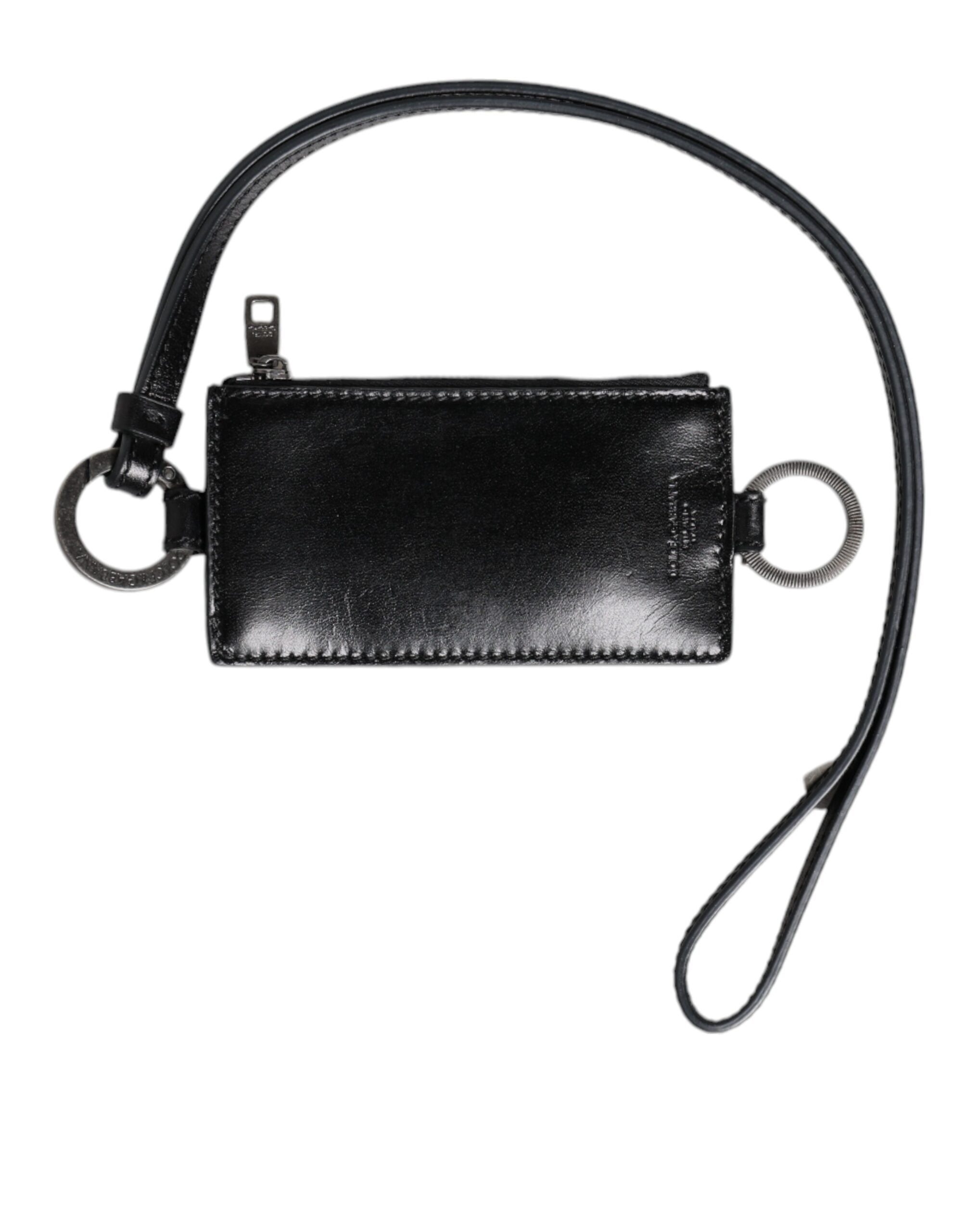 Black Leather Logo Embossed Lanyard Card Holder Wallet - ventzia