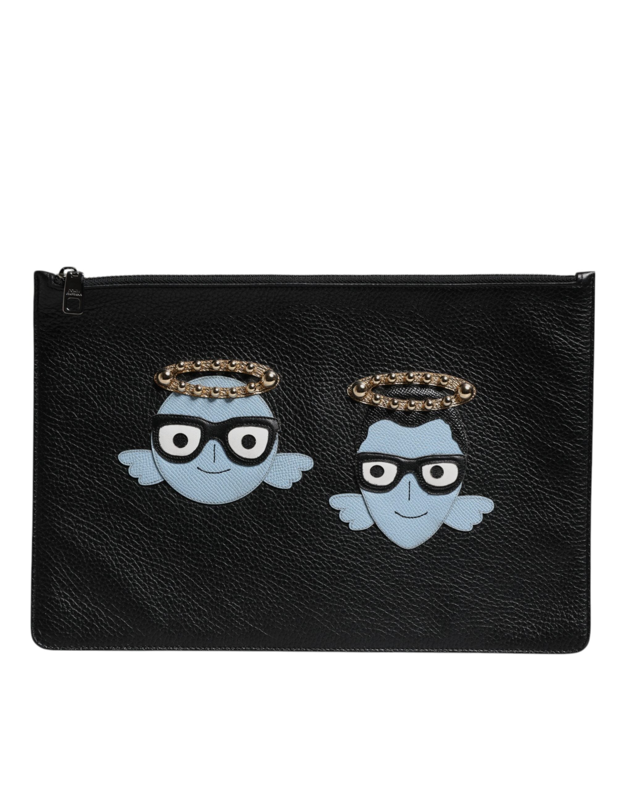 Black Leather #DGFAMILY Embellished Men Zip Pouch Bag - ventzia