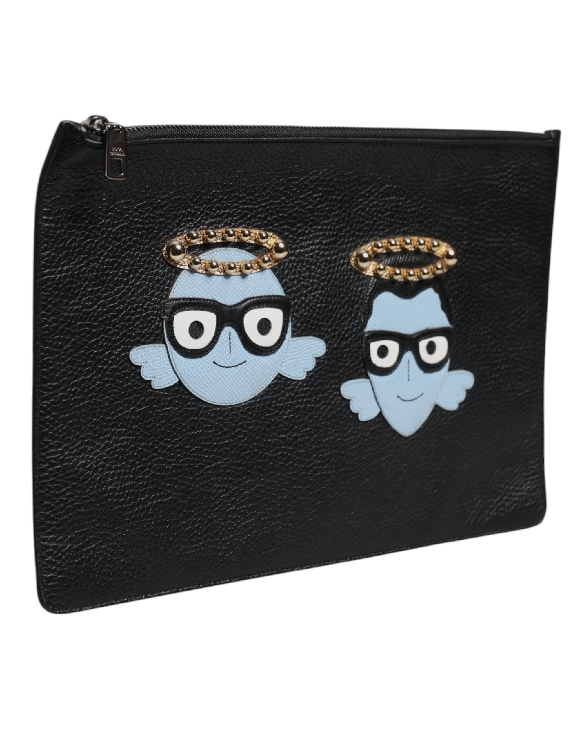 Black Leather #DGFAMILY Embellished Men Zip Pouch Bag - ventzia