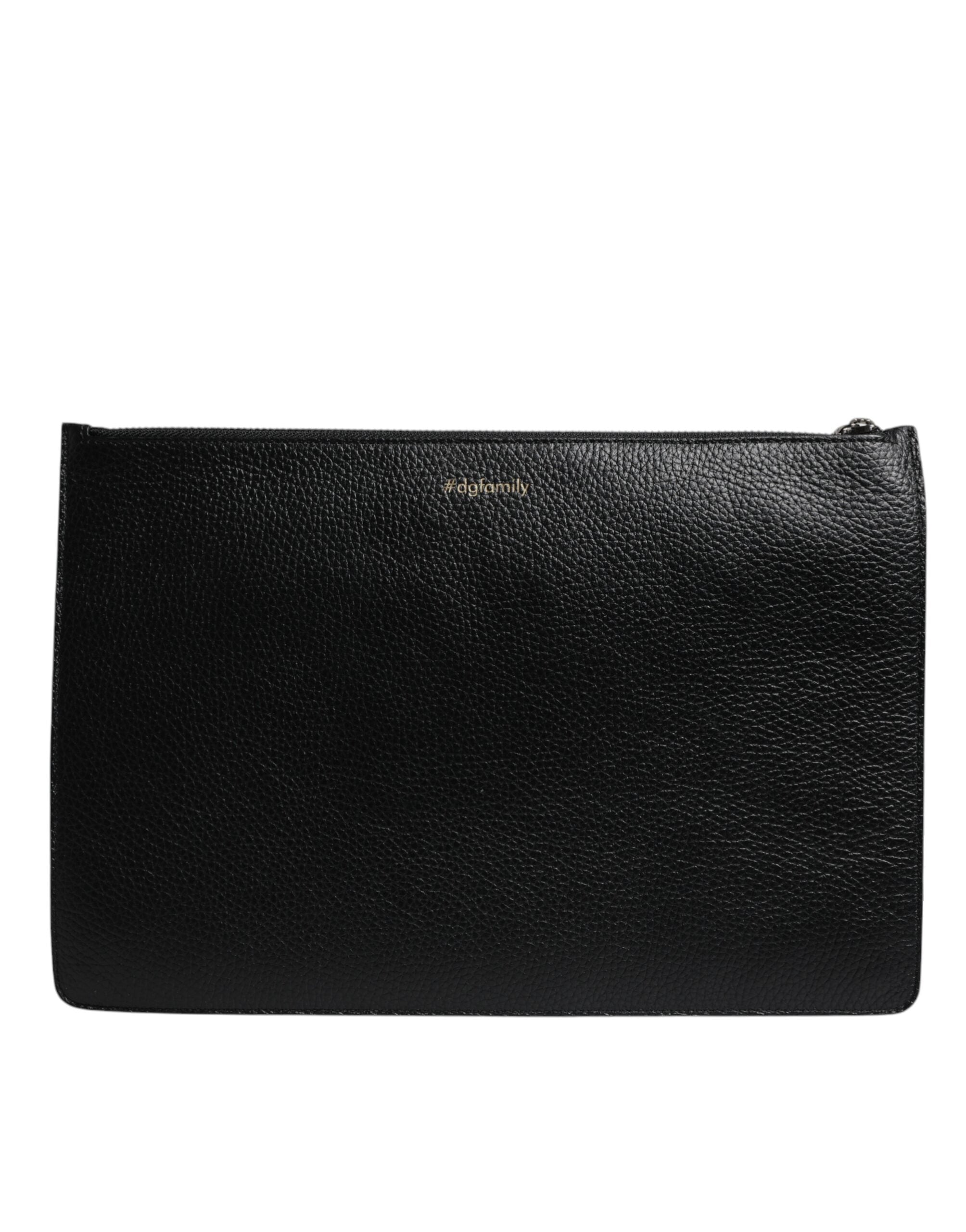 Black Leather #DGFAMILY Embellished Men Zip Pouch Bag - ventzia