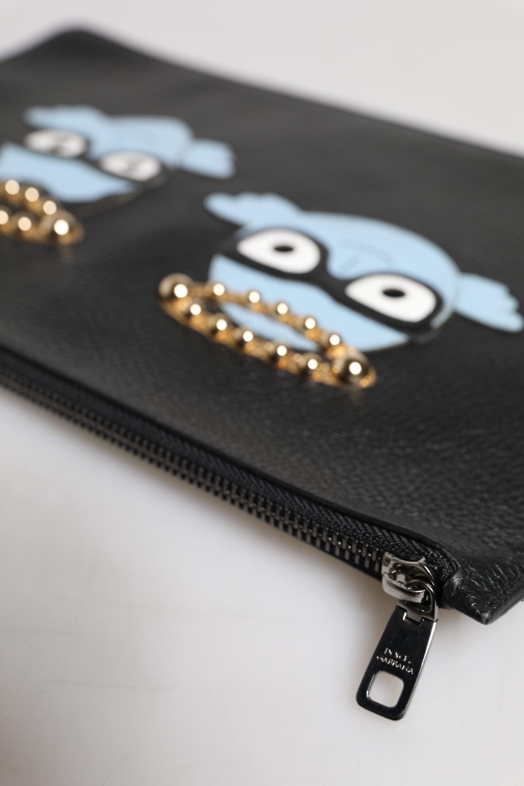 Black Leather #DGFAMILY Embellished Men Zip Pouch Bag - ventzia