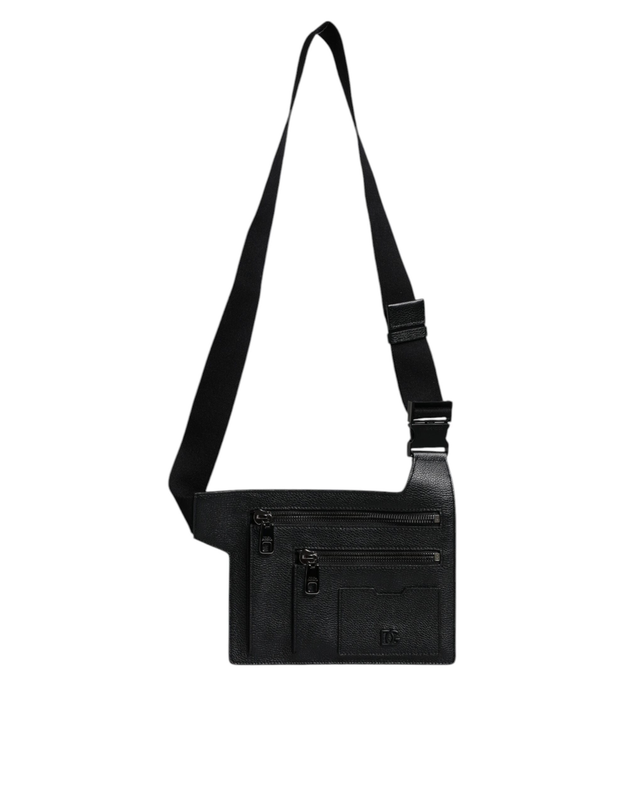 Black Calfskin Leather Messenger Crossbody Bag - ventzia