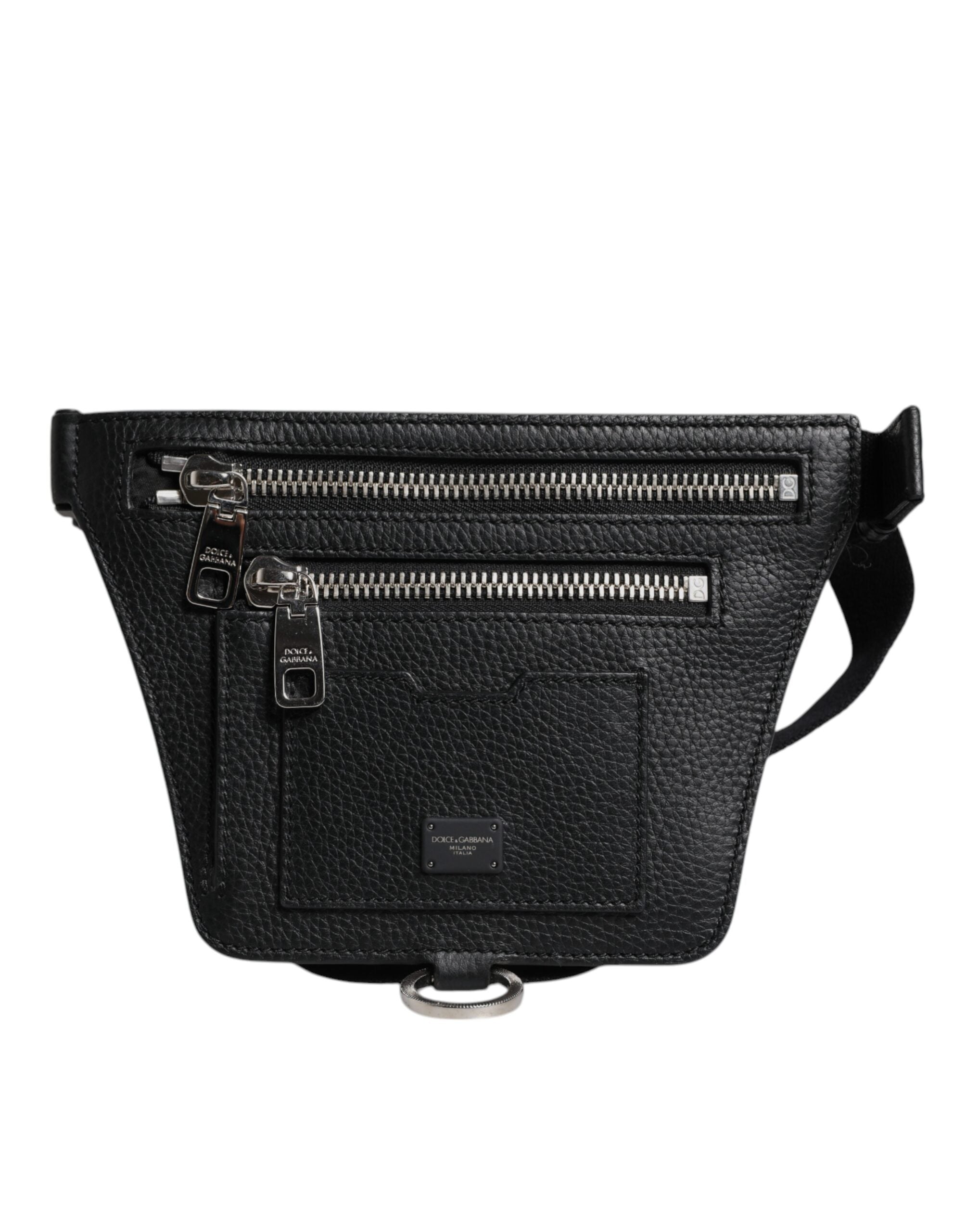 Black Calfskin Logo Plaque Belt Waist Men Fanny Pack Bag - ventzia