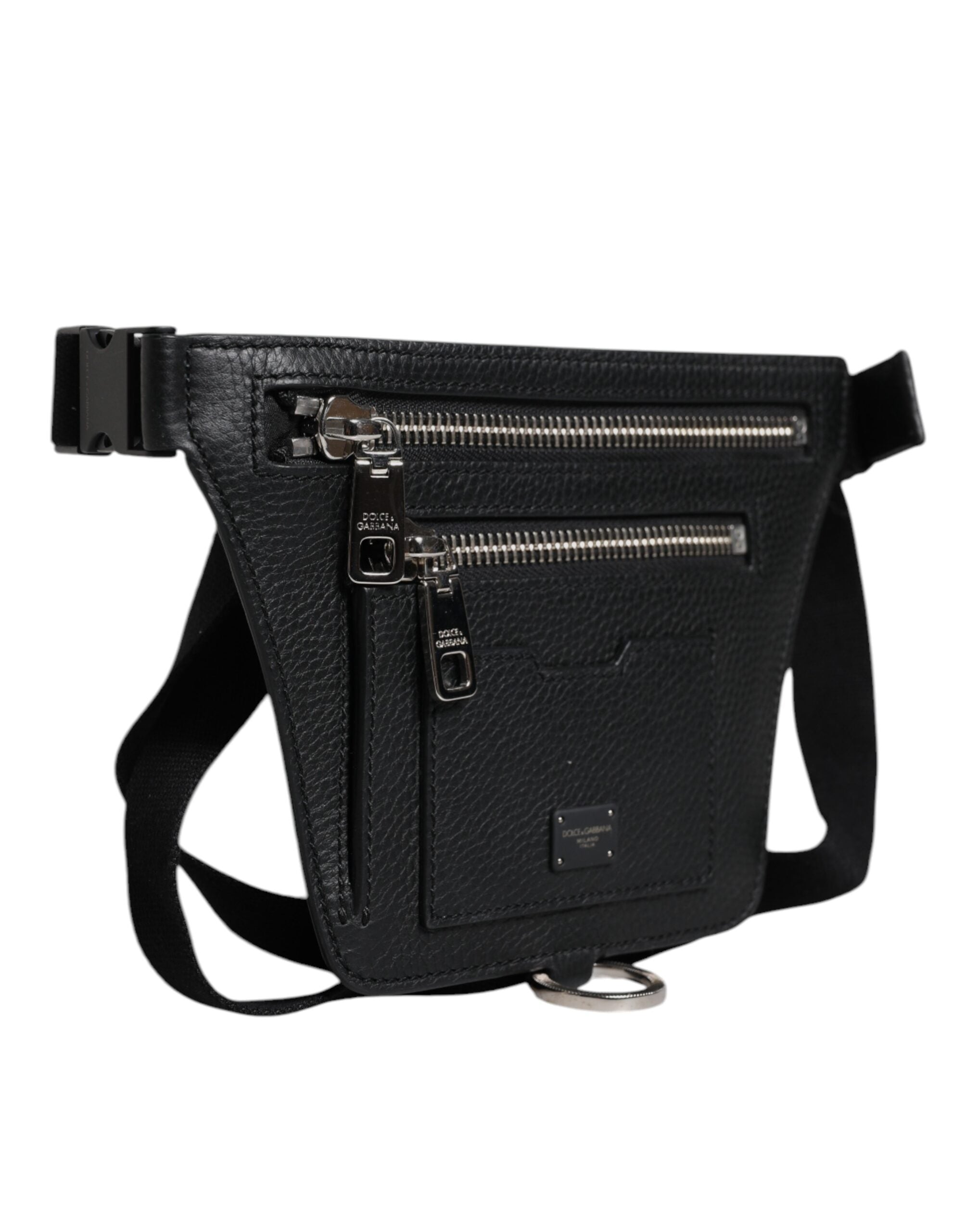 Black Calfskin Logo Plaque Belt Waist Men Fanny Pack Bag - ventzia