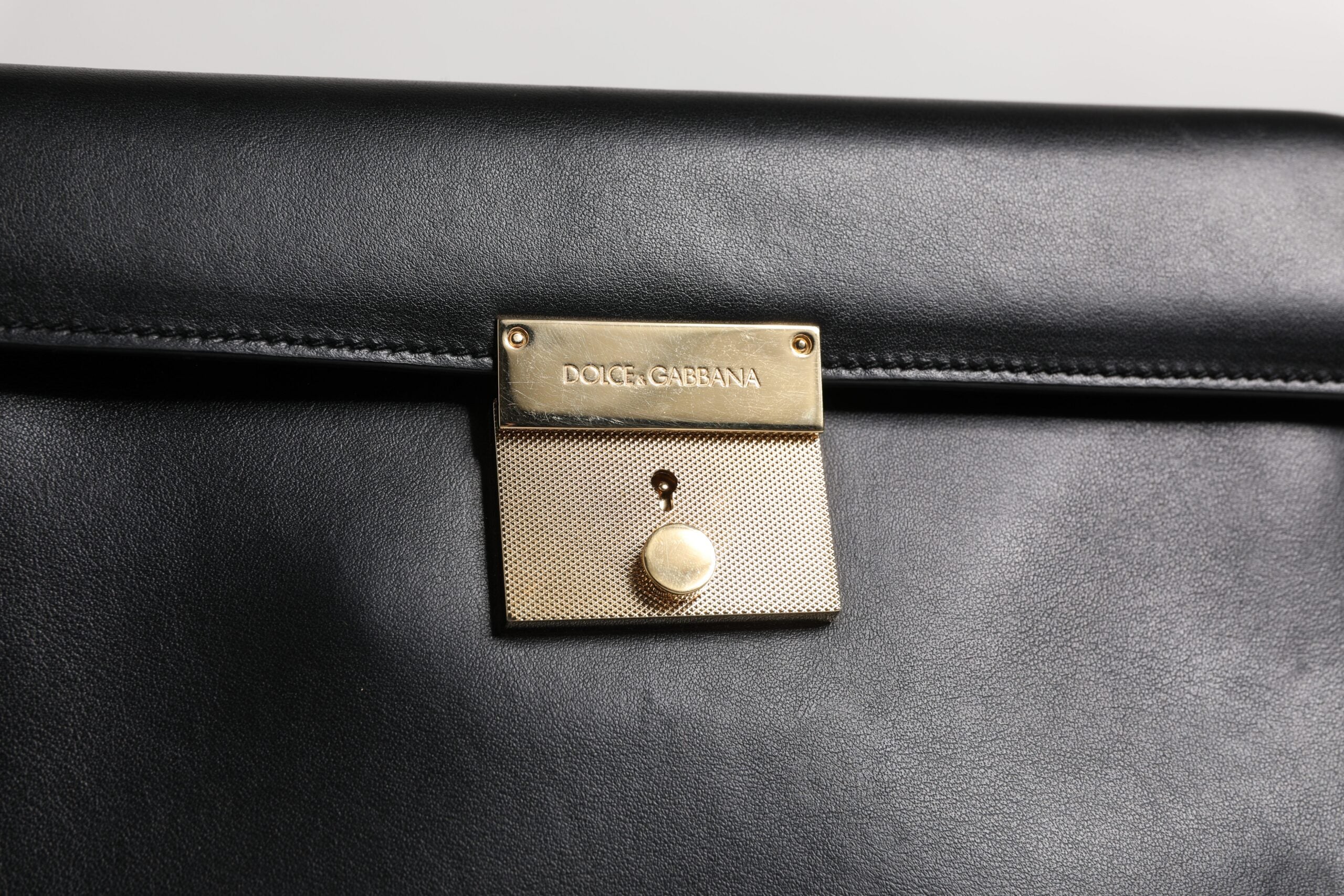 Black Leather Logo Plaque Document Briefcase Bag - ventzia