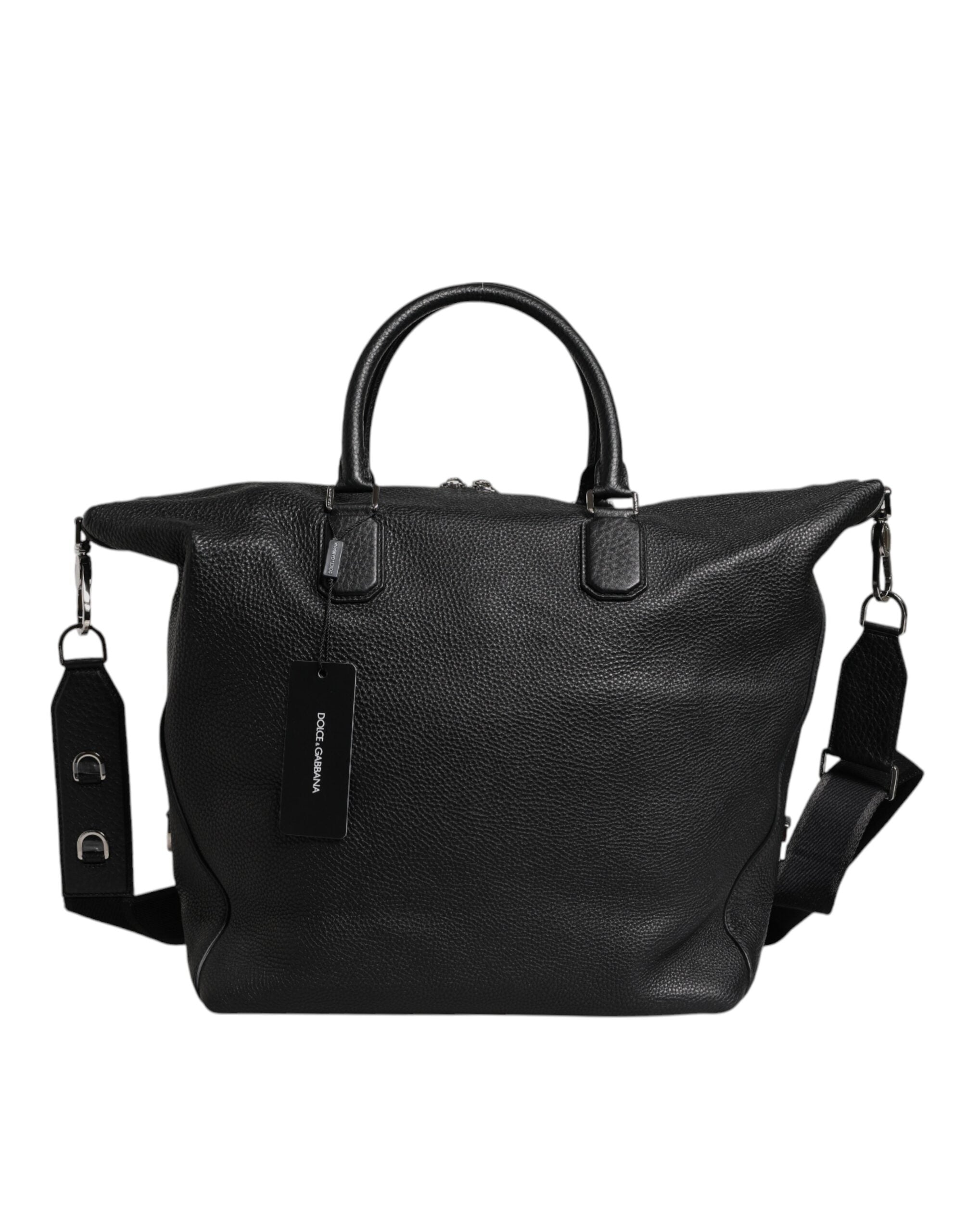 Black Calfskin Leather Hand Shoulder Duffle Bag - ventzia