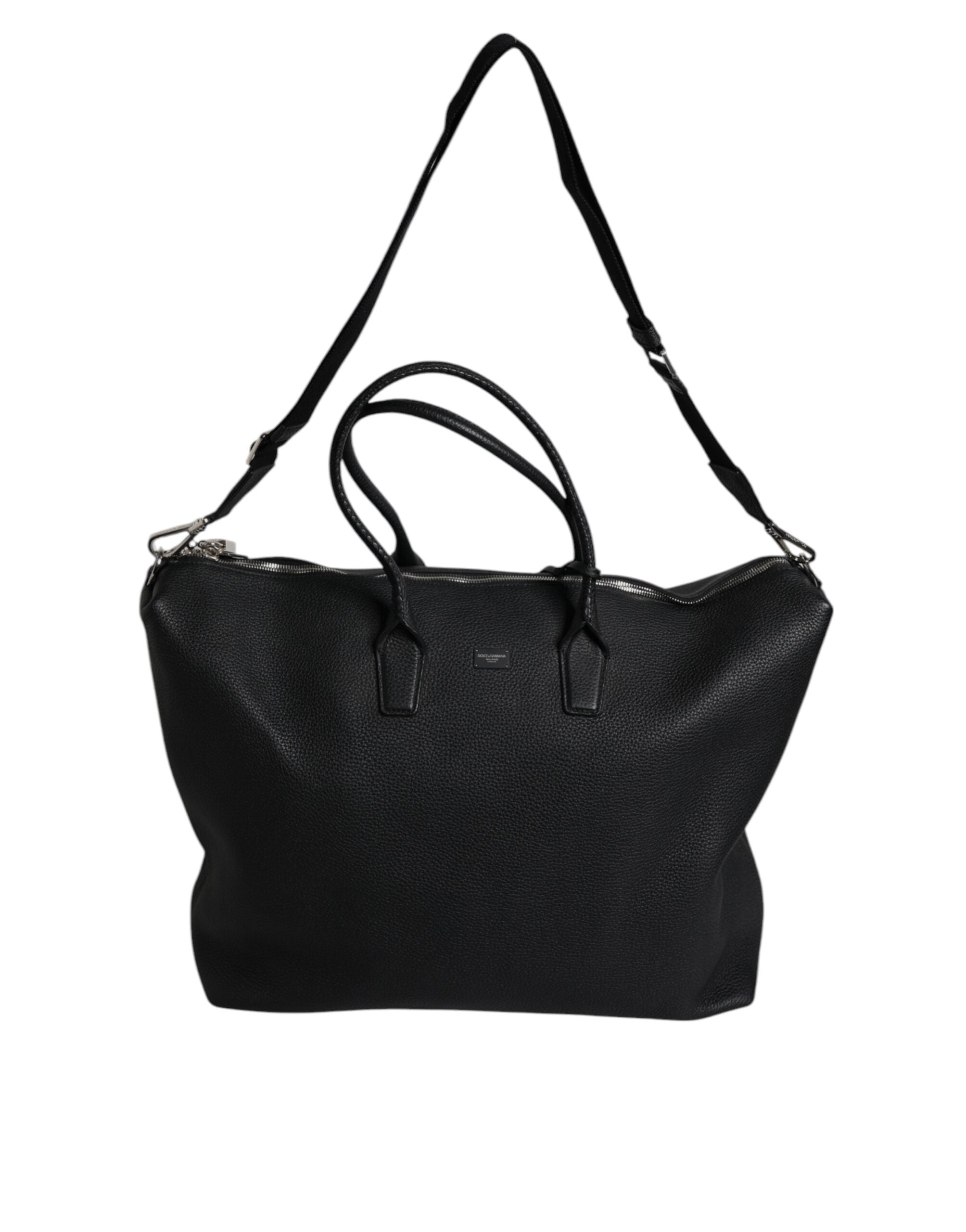 Black Calfskin Leather Hand Shoulder Duffle Bag - ventzia