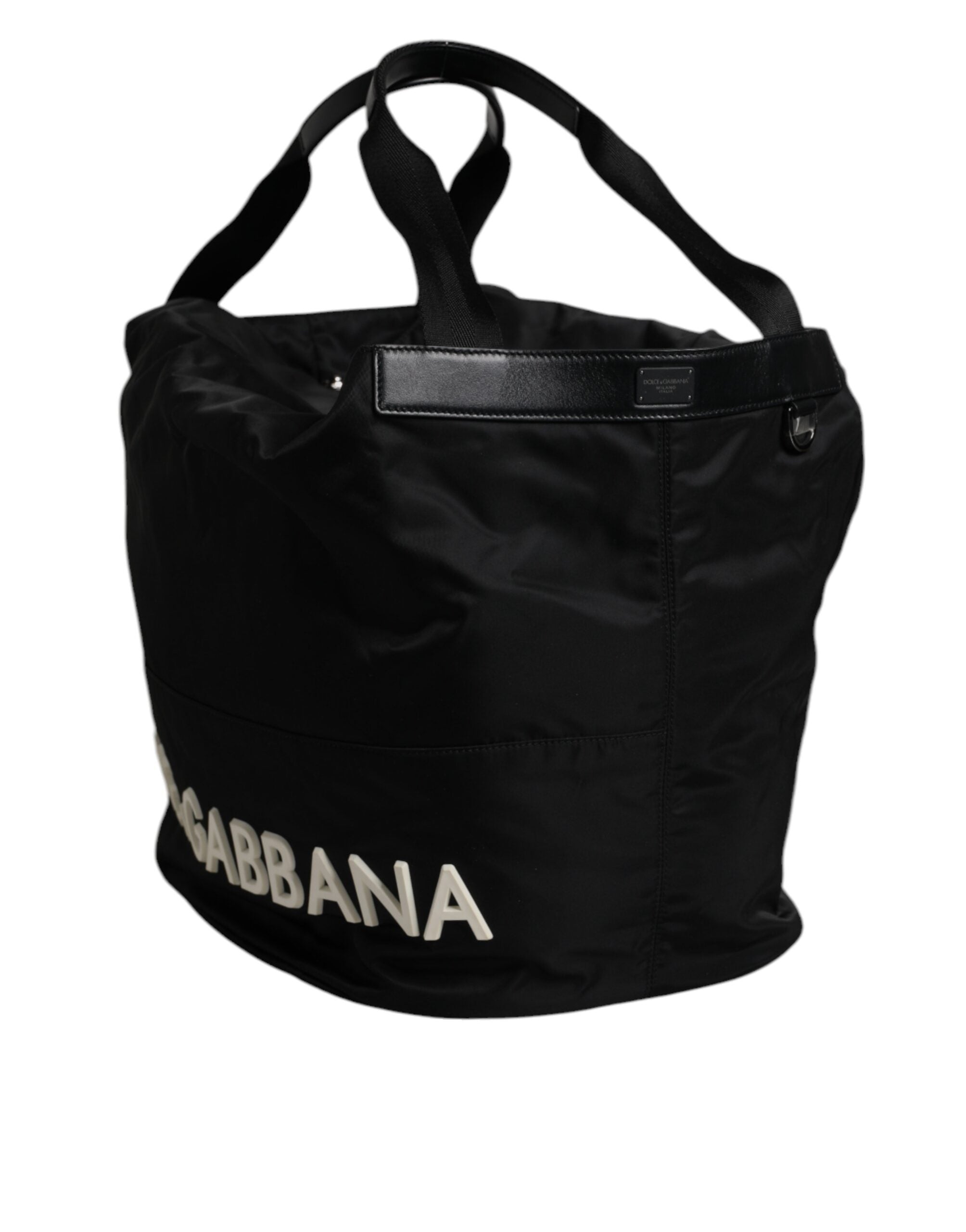 Black Nylon White Iconic Logo Shoulder Bucket Bag - ventzia