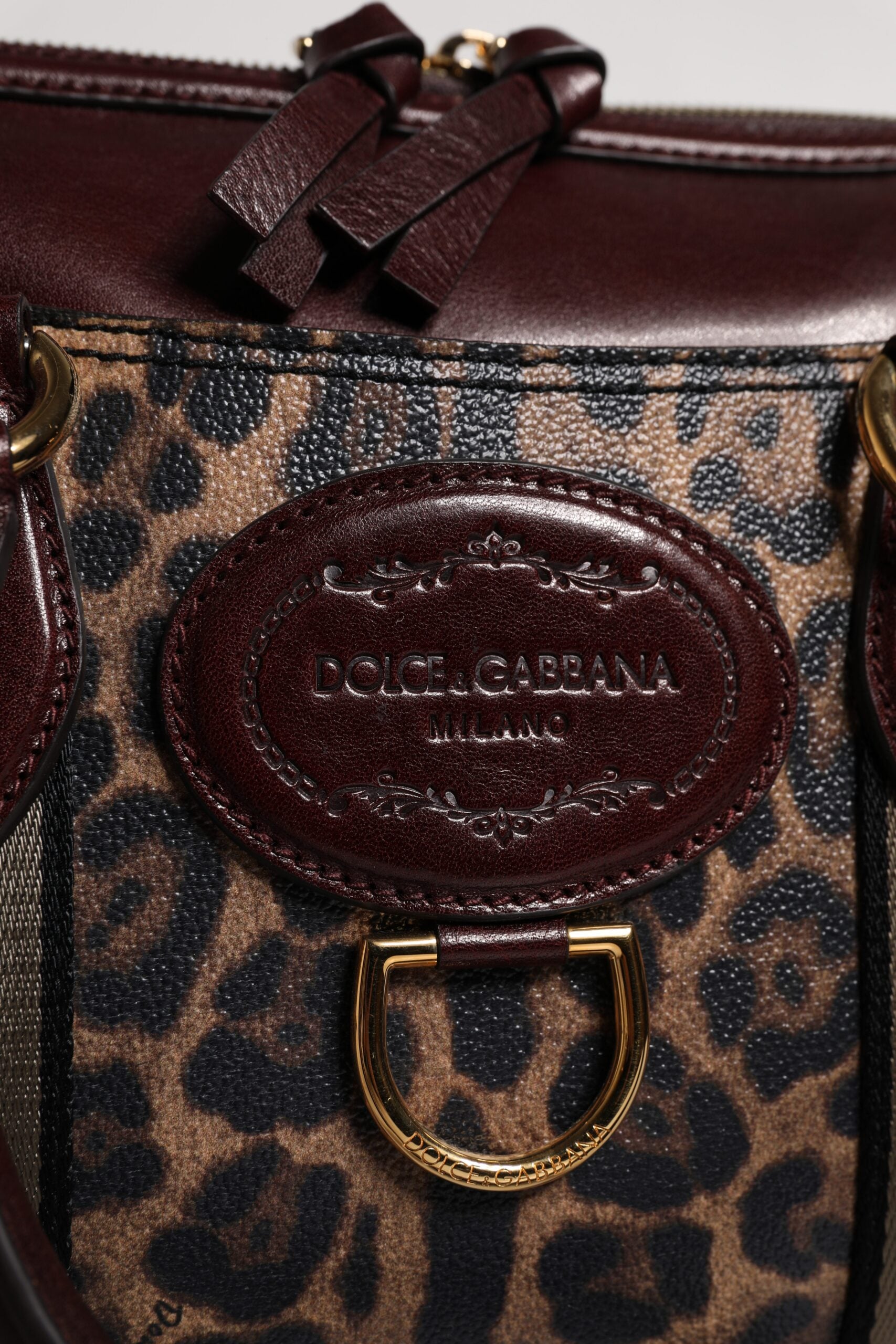 Brown Leopard Leather Shoulder Strap Duffle Bag - ventzia