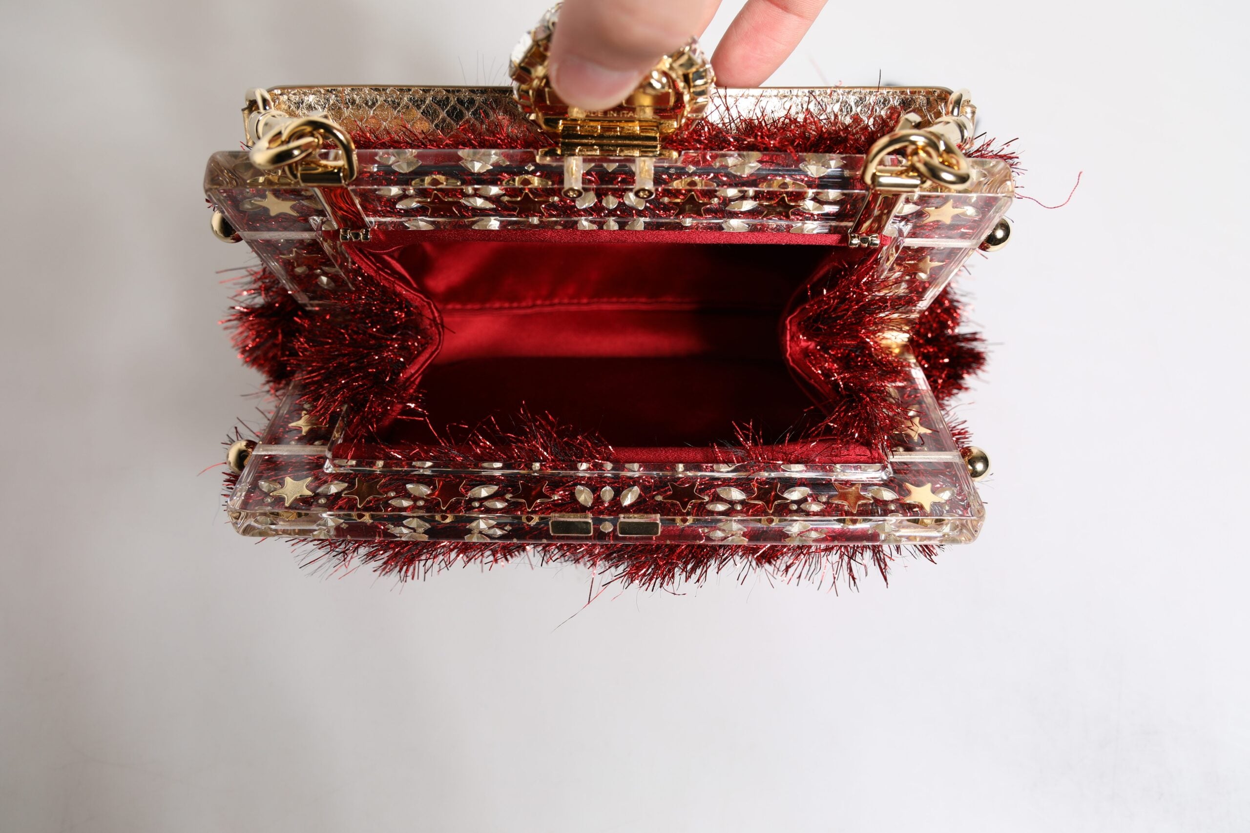 Red Gold Chain VANDA Tinsel Crystals Evening Clutch Bag - ventzia
