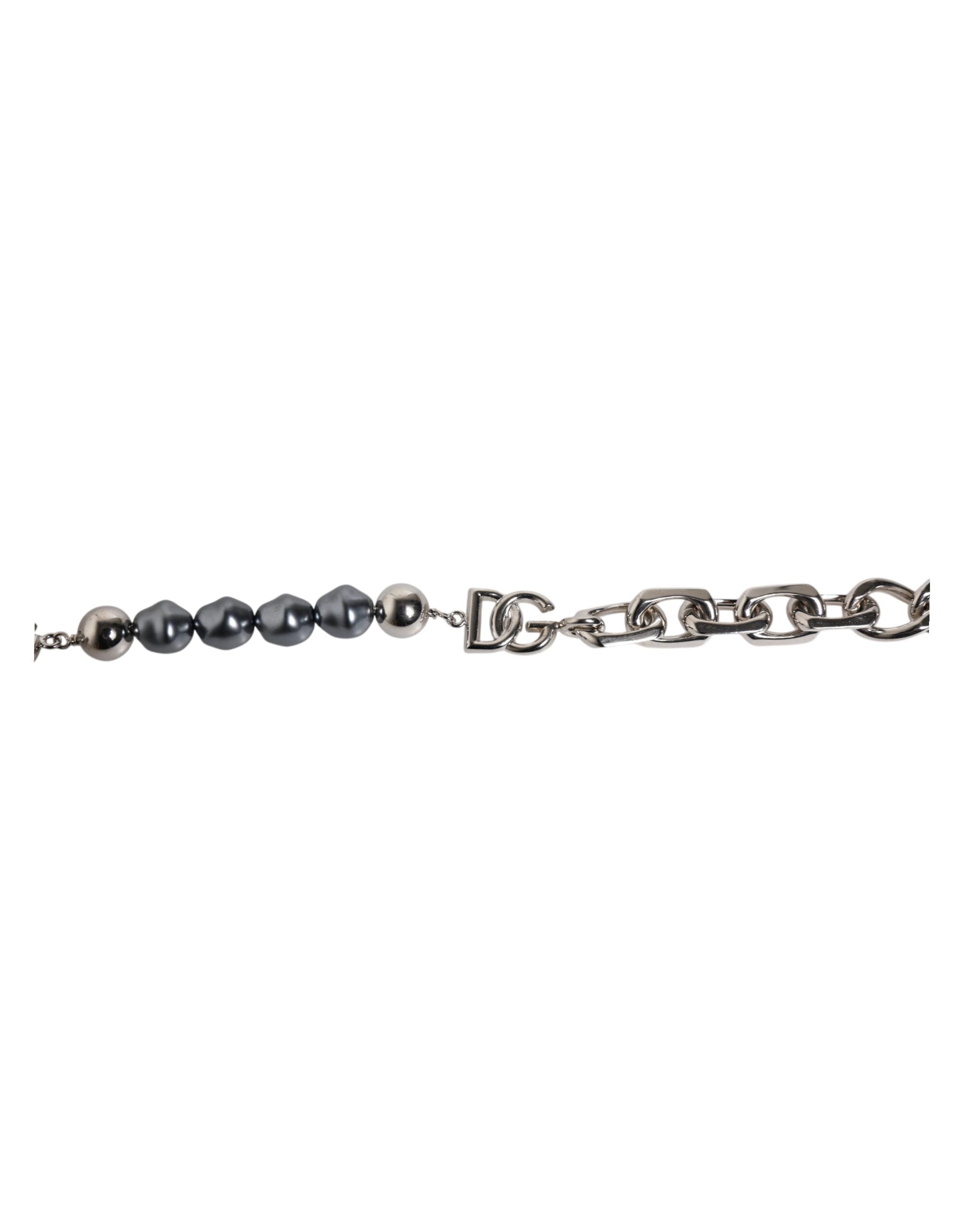 Silver Tone Chain Lobster Clasp Logo Gray Pearls Bracelet - ventzia