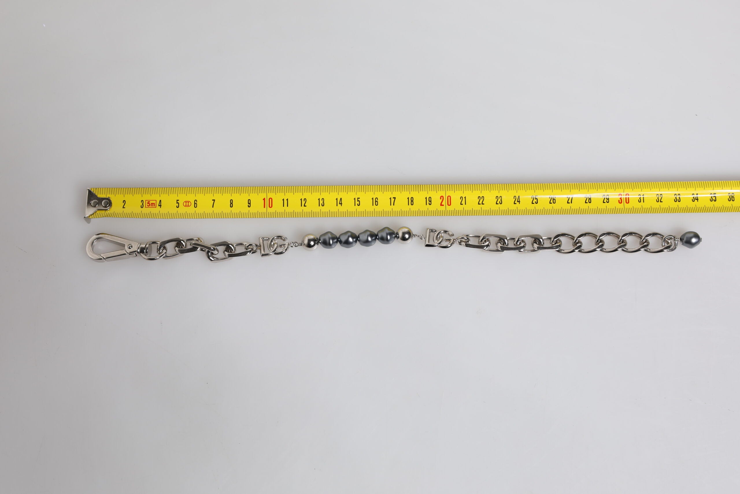 Silver Tone Chain Lobster Clasp Logo Gray Pearls Bracelet - ventzia