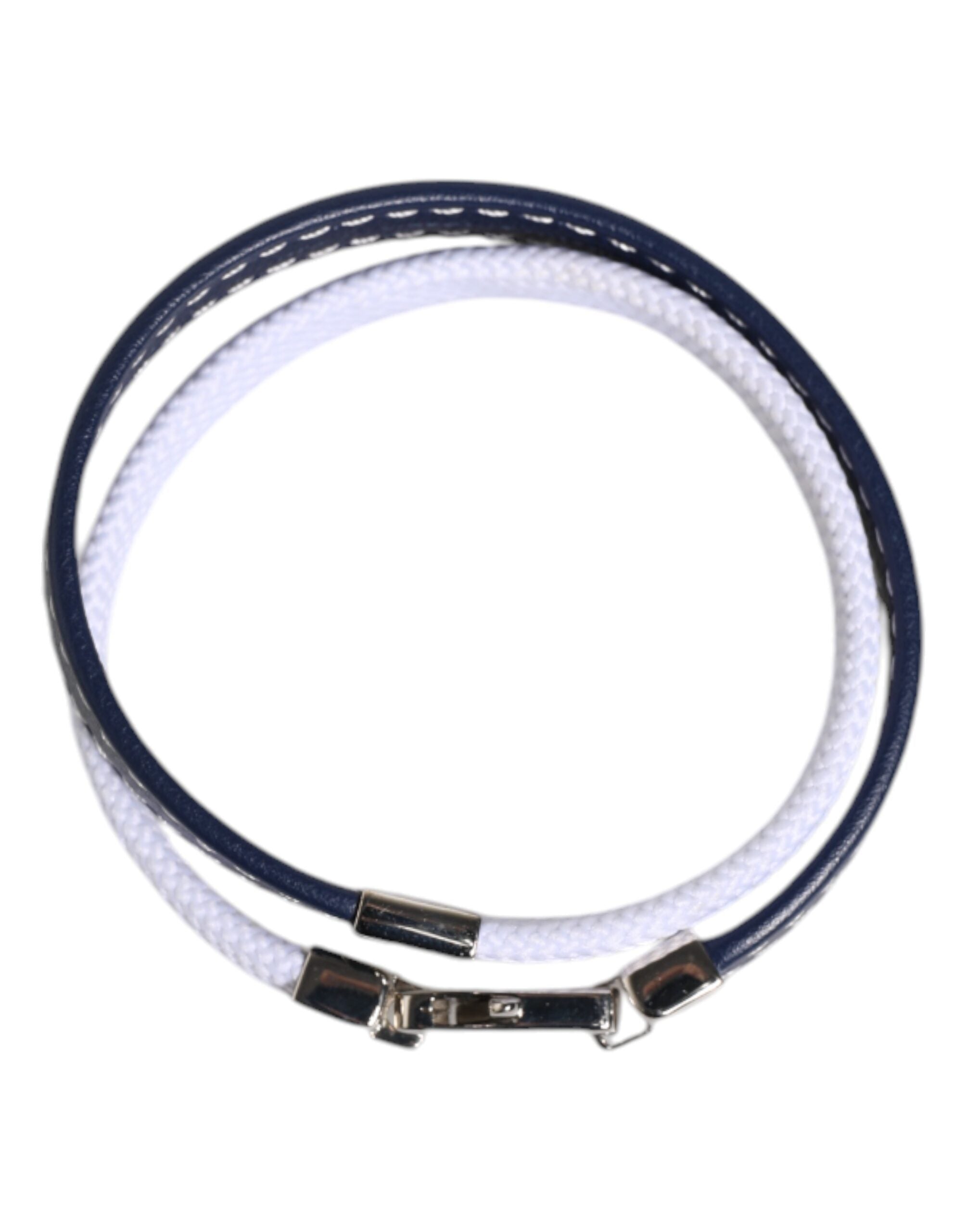 Blue White Leather Trimmed DG Engraved Silver Tone Clasp Bracelet - ventzia