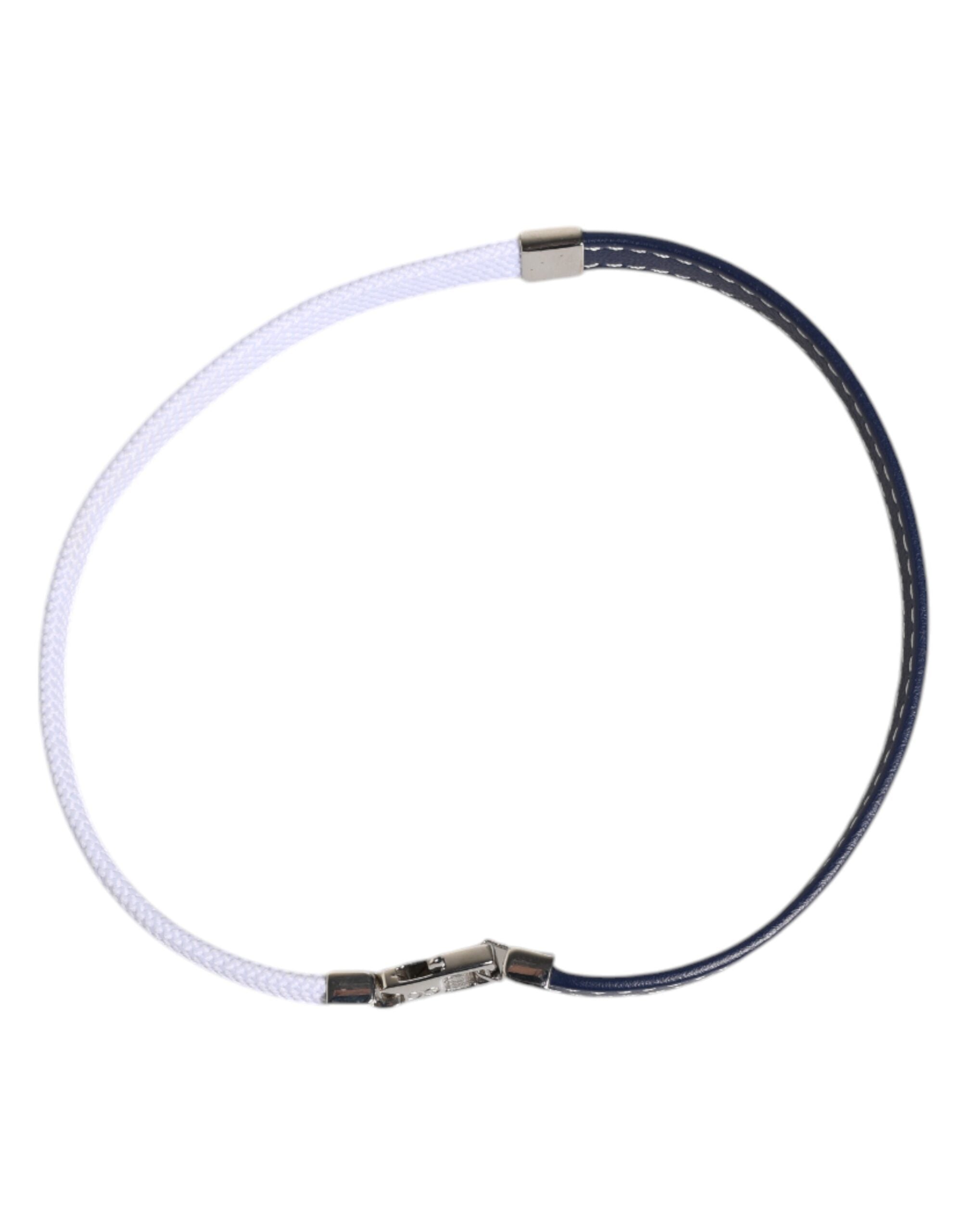 Blue White Leather Trimmed DG Engraved Silver Tone Clasp Bracelet - ventzia