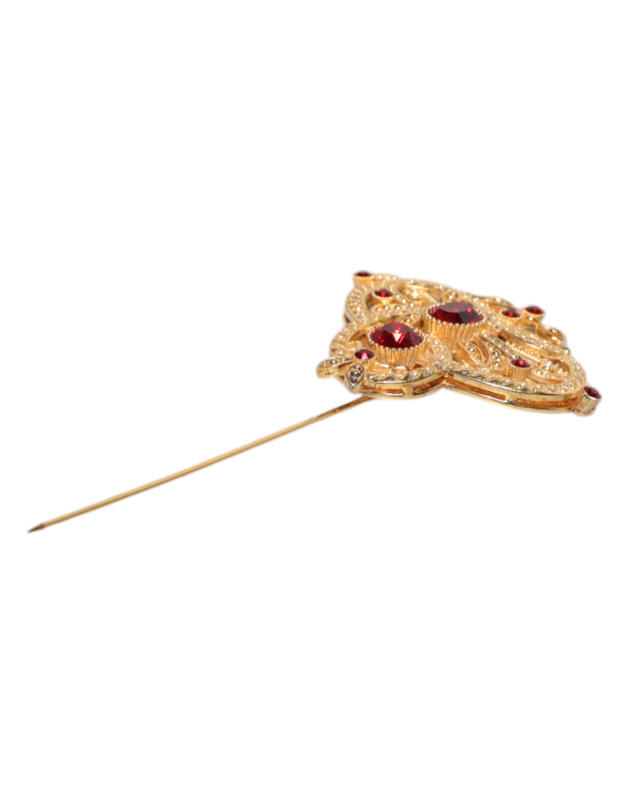 Gold Tone Red Crystal Embellish 925 Sterling Silver Pin - ventzia