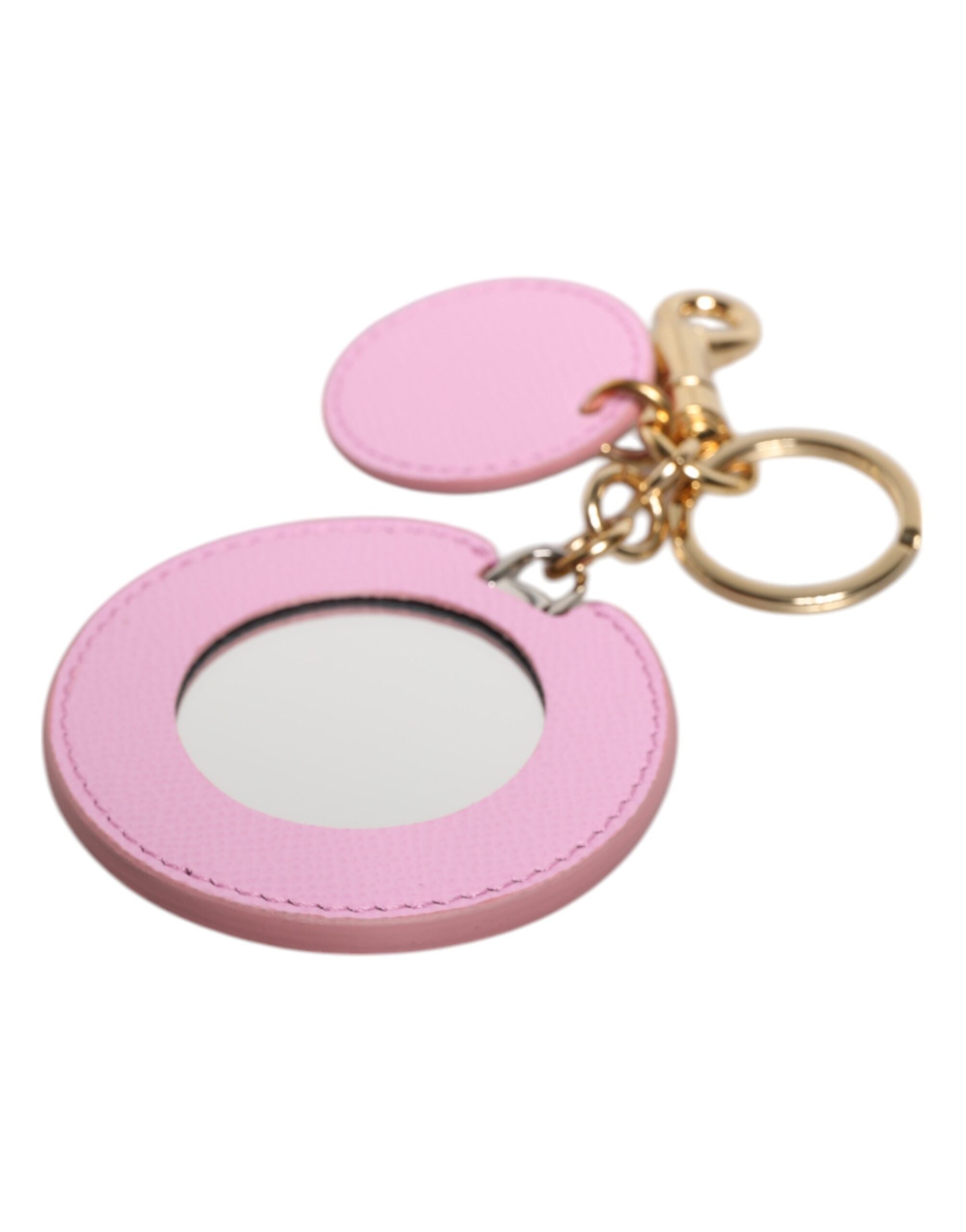 Pink Calf Leather Gold Metal Logo Print Keyring Keychain - ventzia