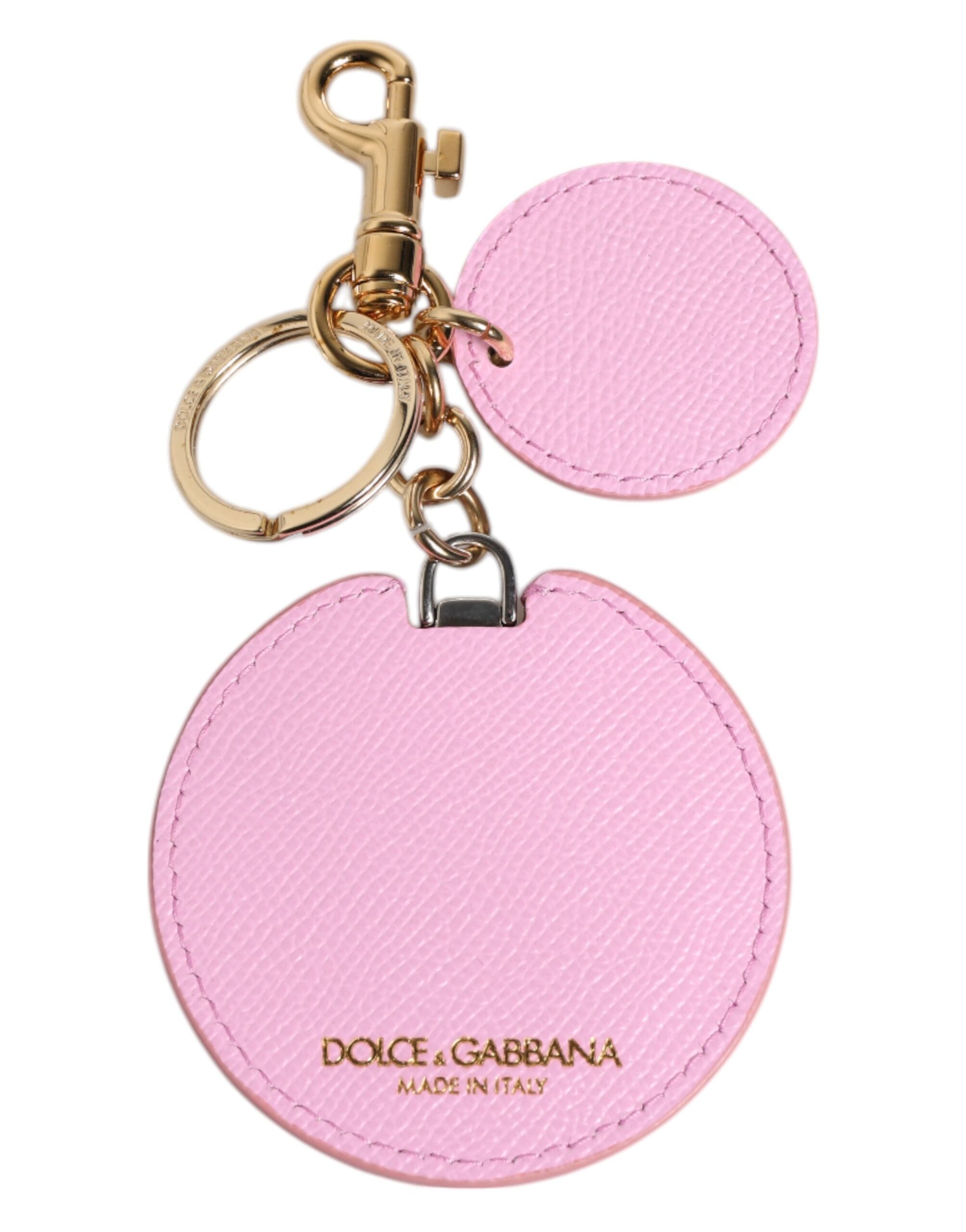 Pink Calf Leather Gold Metal Logo Print Keyring Keychain - ventzia