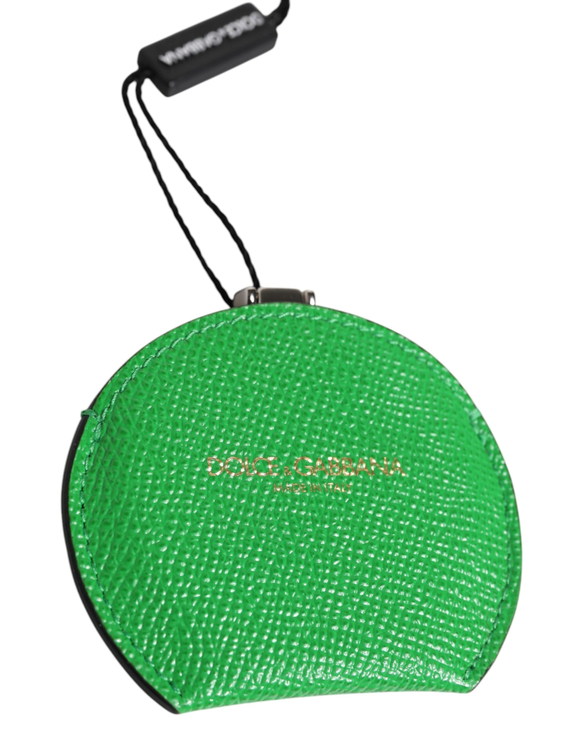 Green Calfskin Leather Round Logo Hand Mirror Holder - ventzia