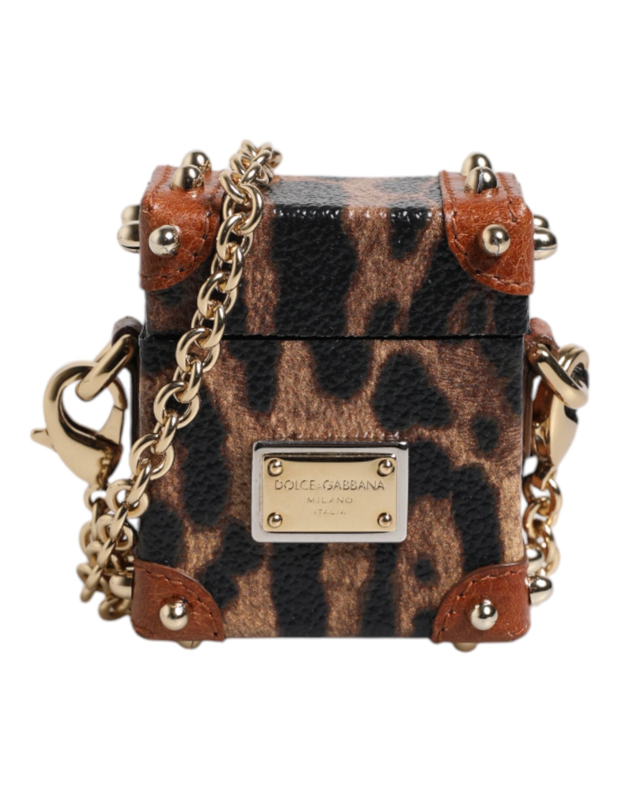 Brown Leopard Metal Logo Plaque Gold Chain Airpods Case - ventzia