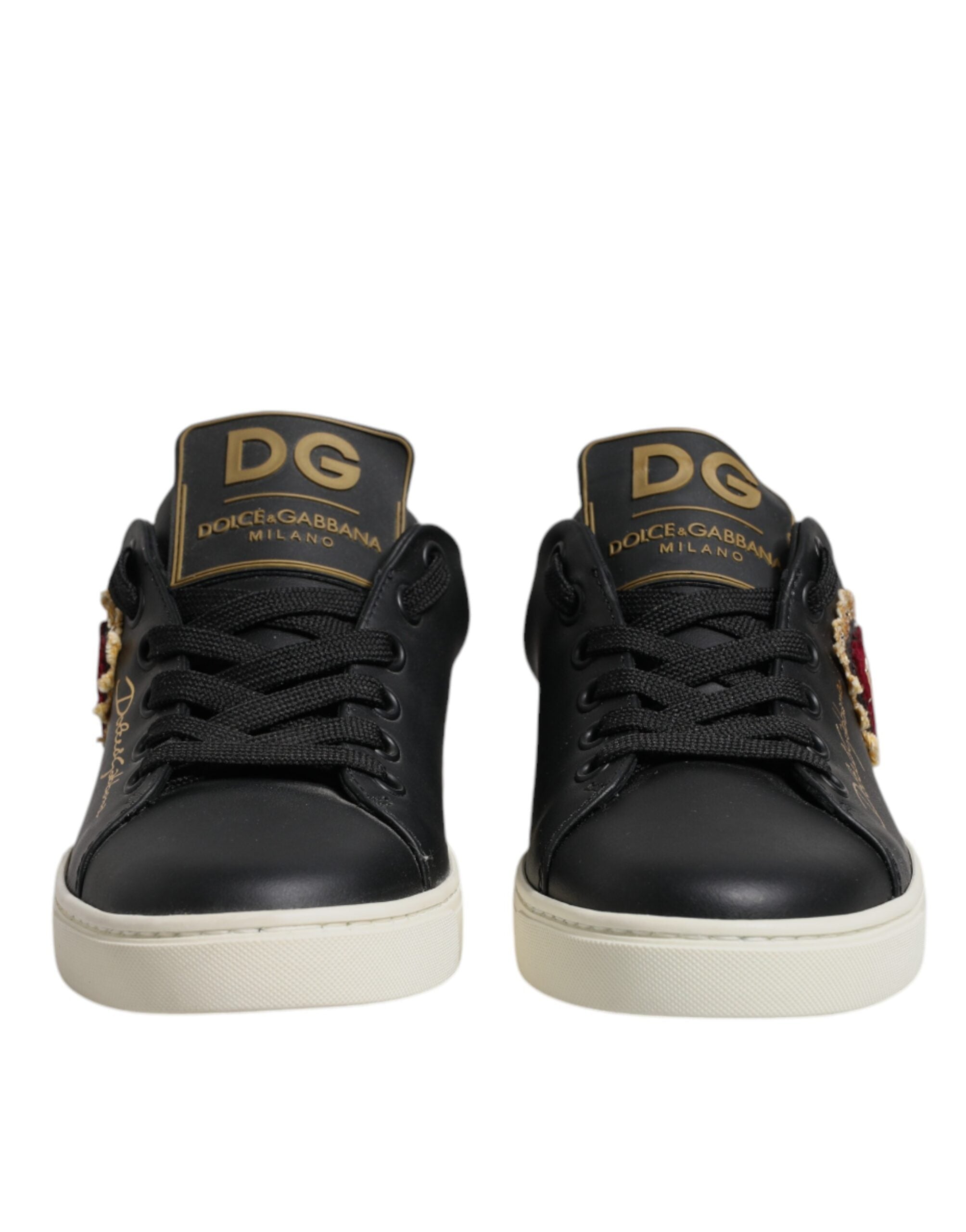 Black Leather Gold Red Heart Sneakers Shoes - ventzia
