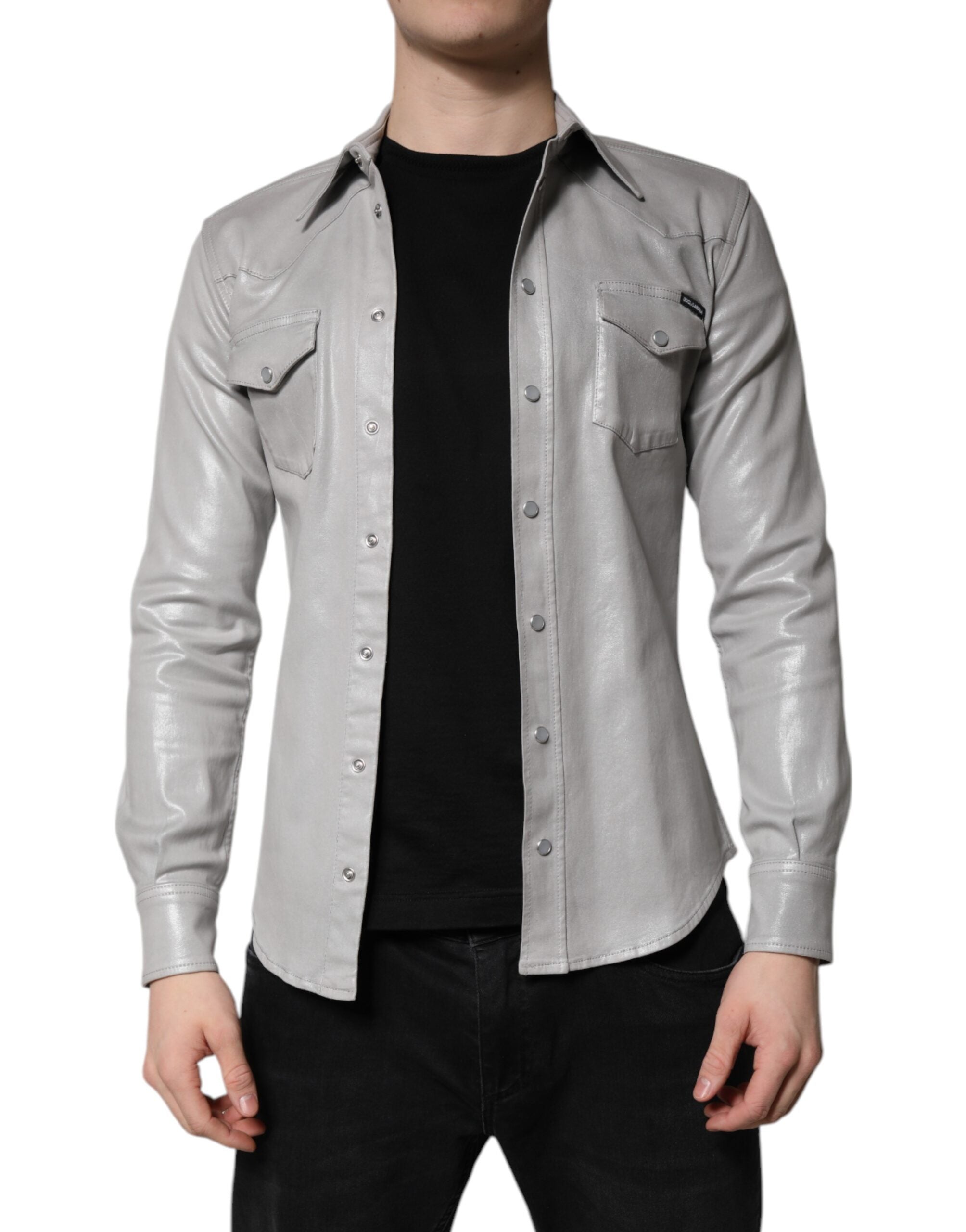 Metallic Gray Cotton Button Down Shirt - ventzia