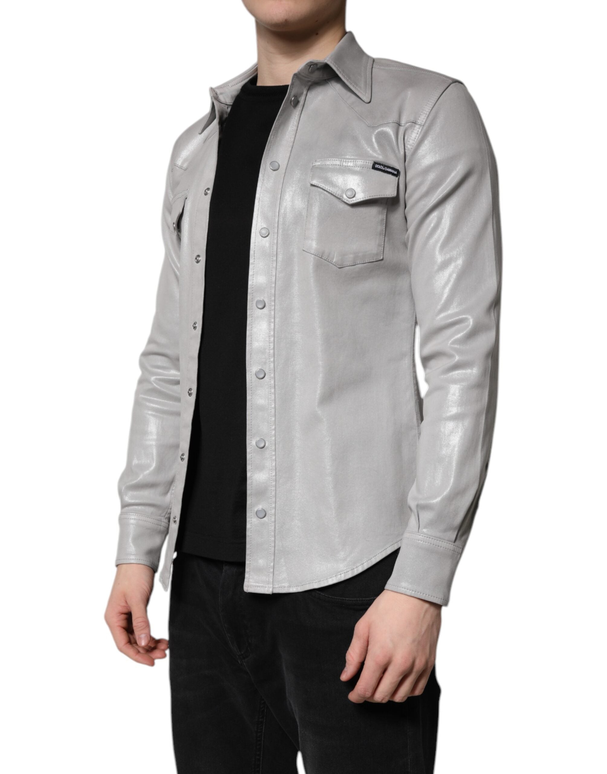 Metallic Gray Cotton Button Down Shirt - ventzia