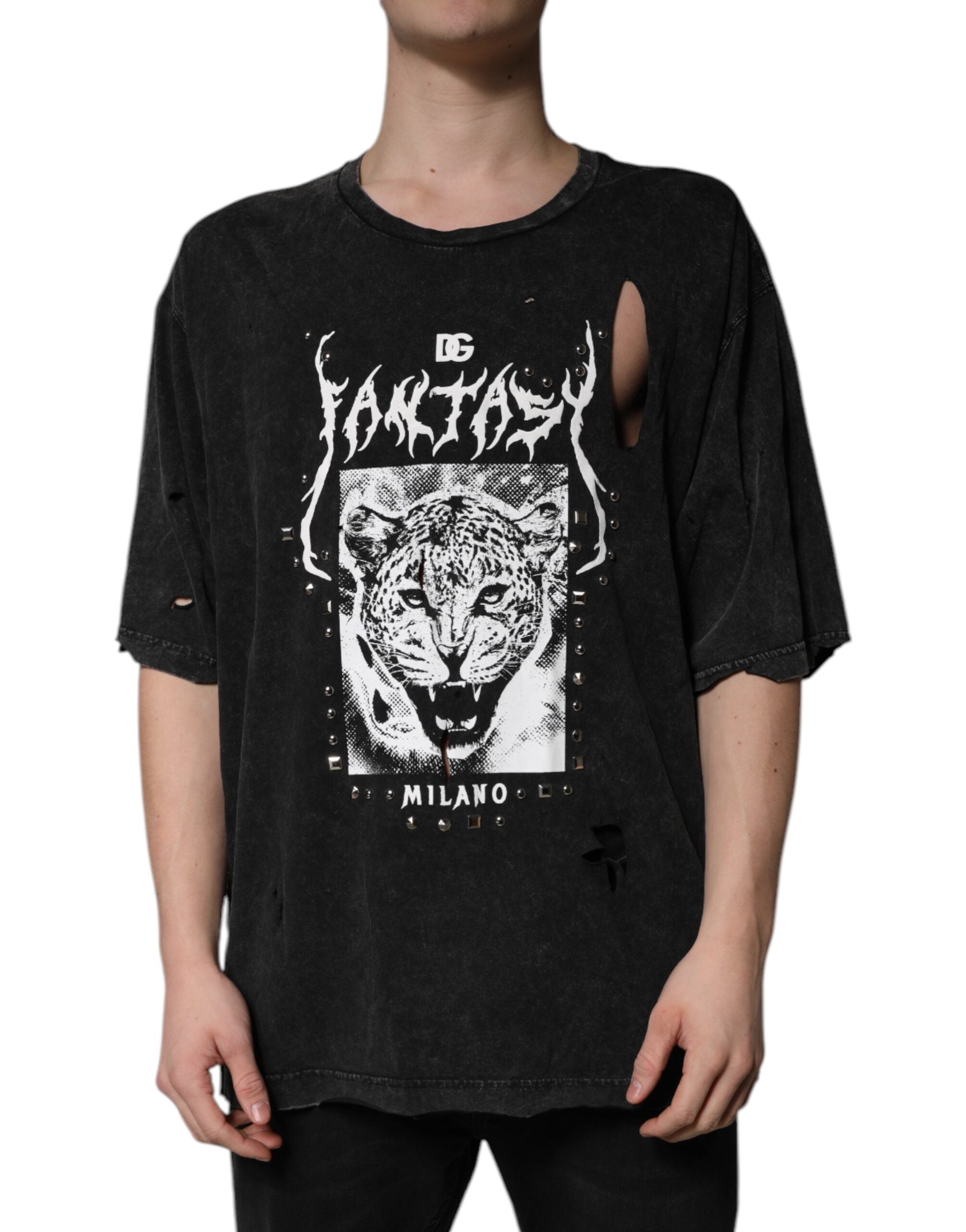 Black Graphic Print Cotton Crew Neck T-shirt - ventzia