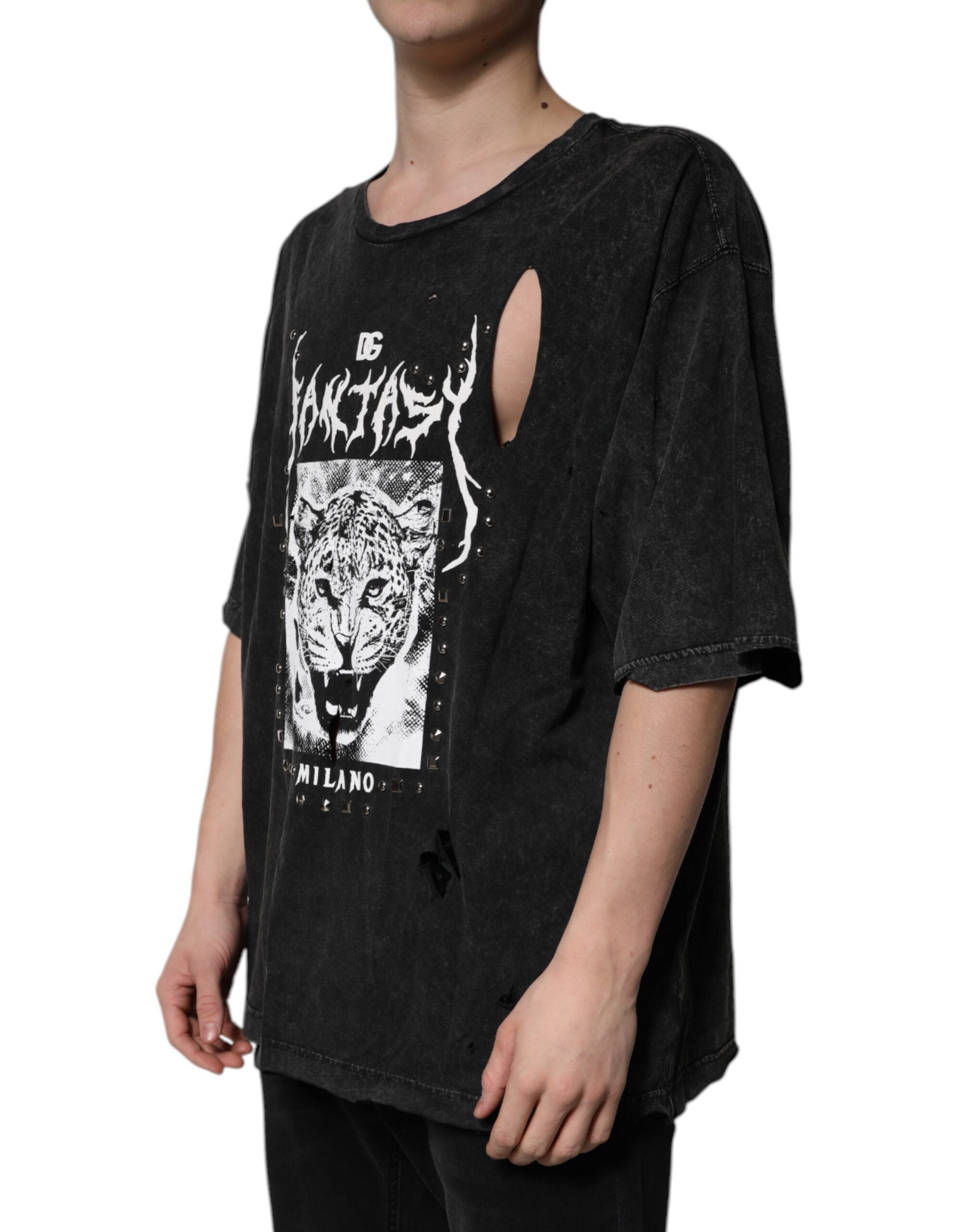 Black Graphic Print Cotton Crew Neck T-shirt - ventzia