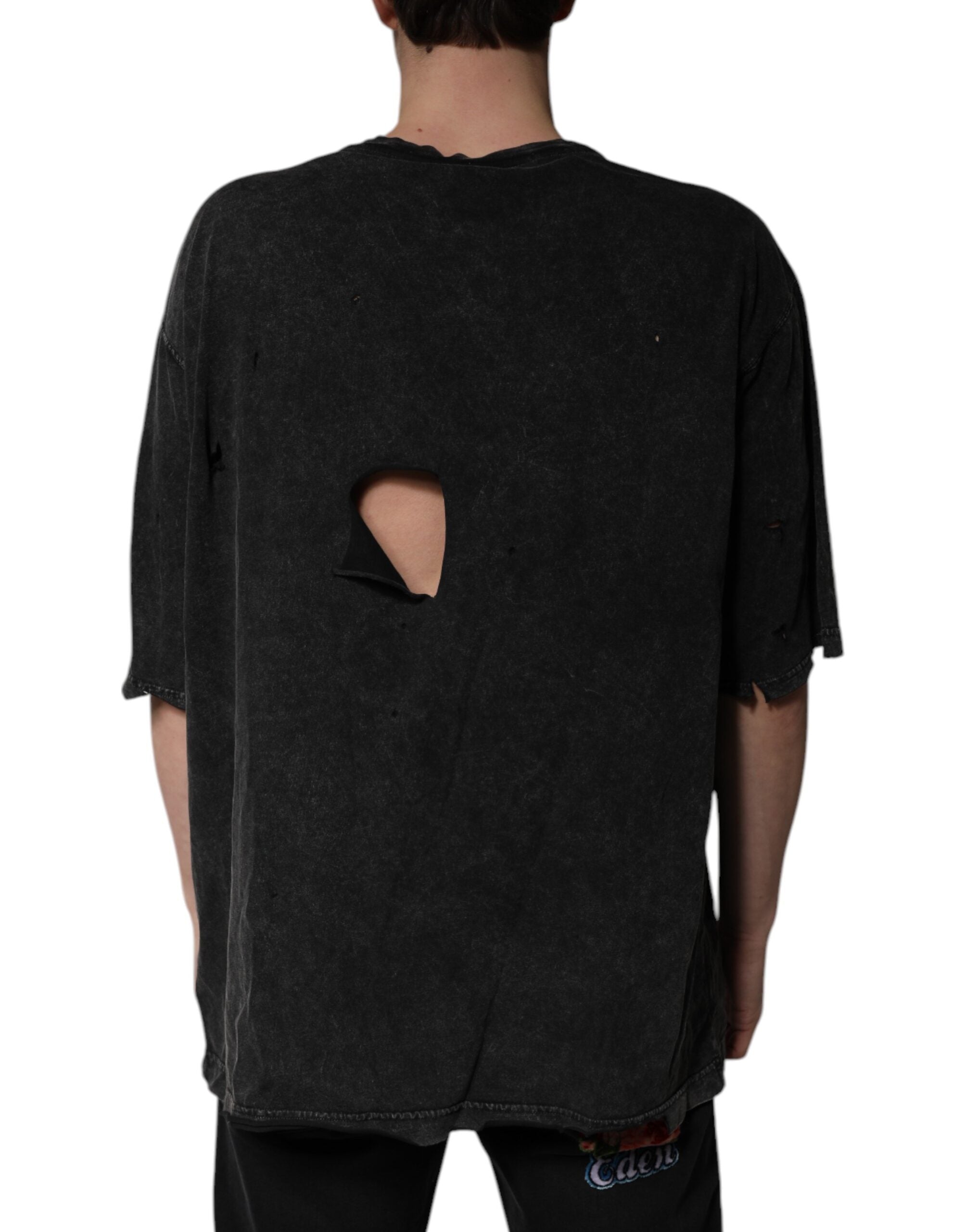 Black Graphic Print Cotton Crew Neck T-shirt - ventzia