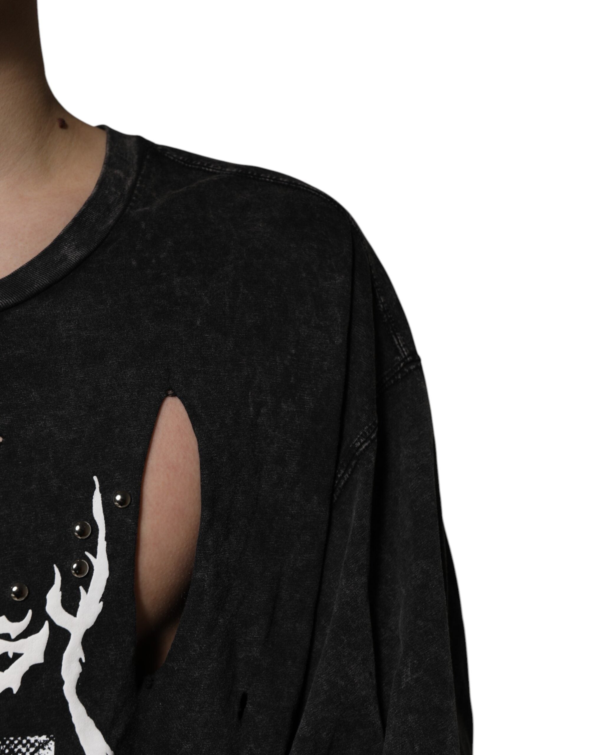 Black Graphic Print Cotton Crew Neck T-shirt - ventzia