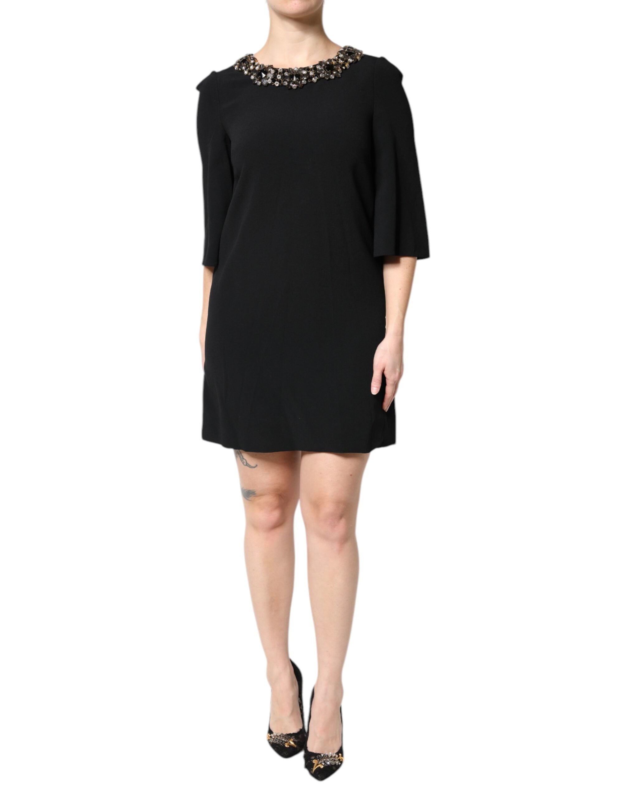 Black Crystal Embellished Round Neck Mini Dress - ventzia