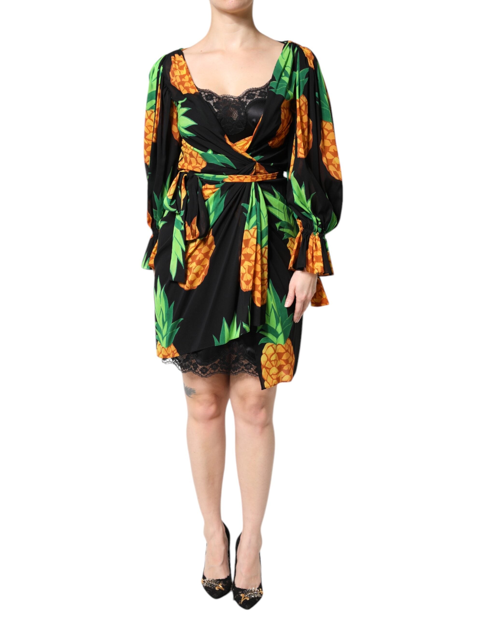 Black Silk Pineapple Draped Print Wrap Dress - ventzia