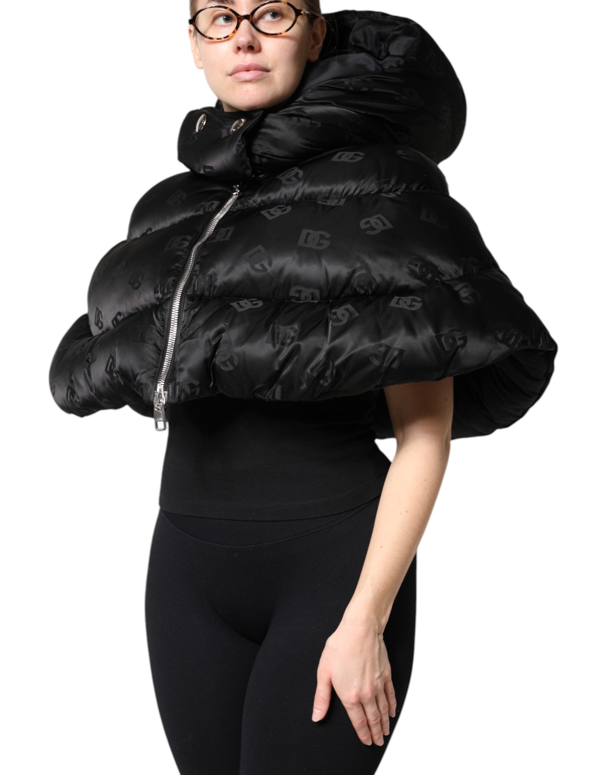 Black Padded Puffer Hooded Full Zip Cropped Jacket - ventzia