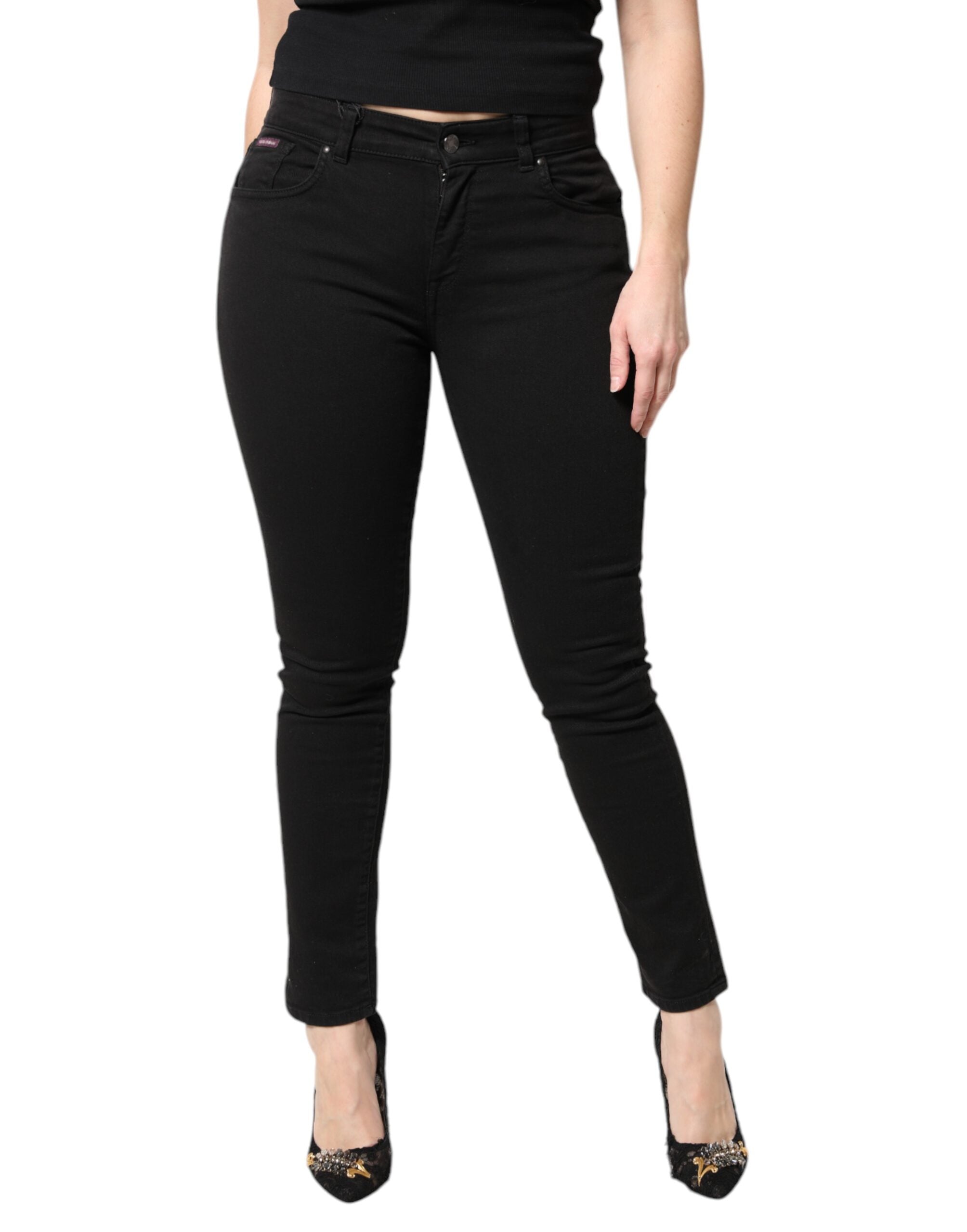 Black Cotton Mid Waisted Skinny Denim Jeans - ventzia