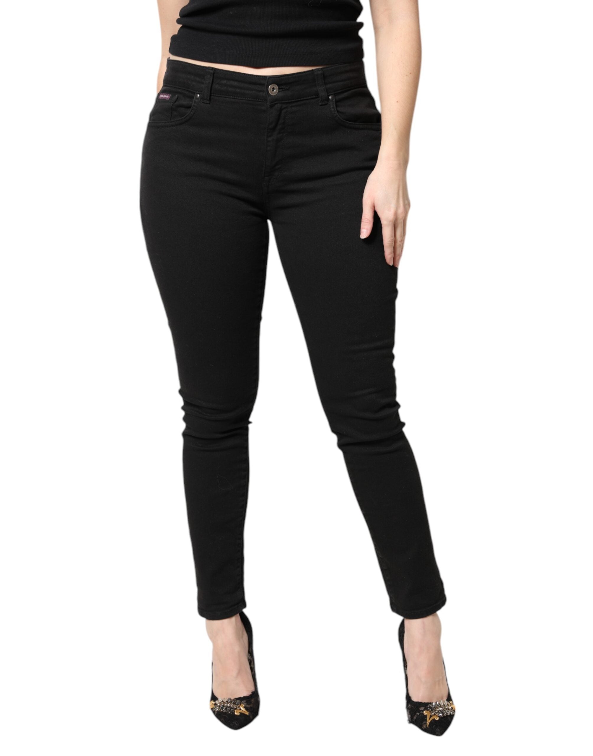 Black Cotton Mid Waisted Skinny Denim Jeans - ventzia