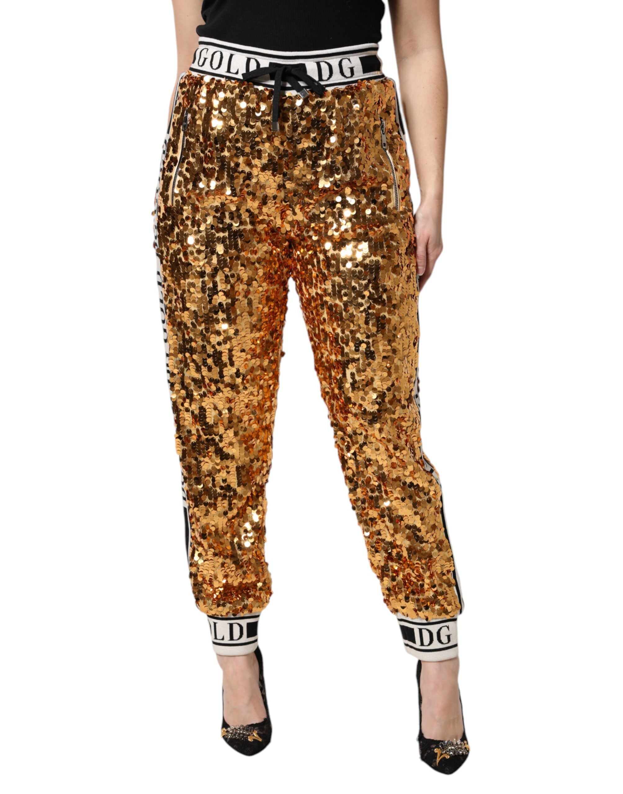 Metallic Gold DG Logo Sequined Jogger Pants - ventzia