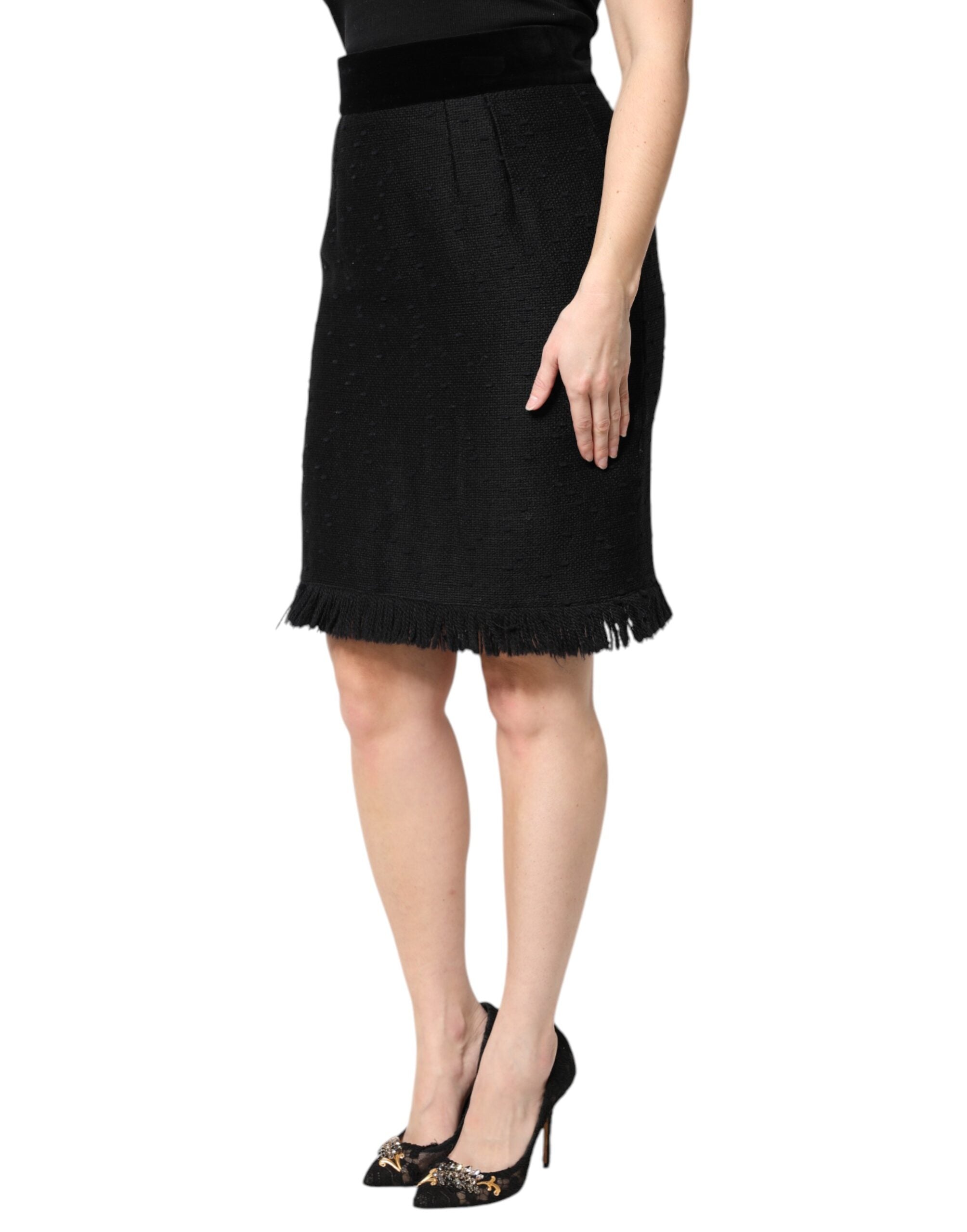 Black Wool Fringe High Waist Pencil Mini Skirt - ventzia