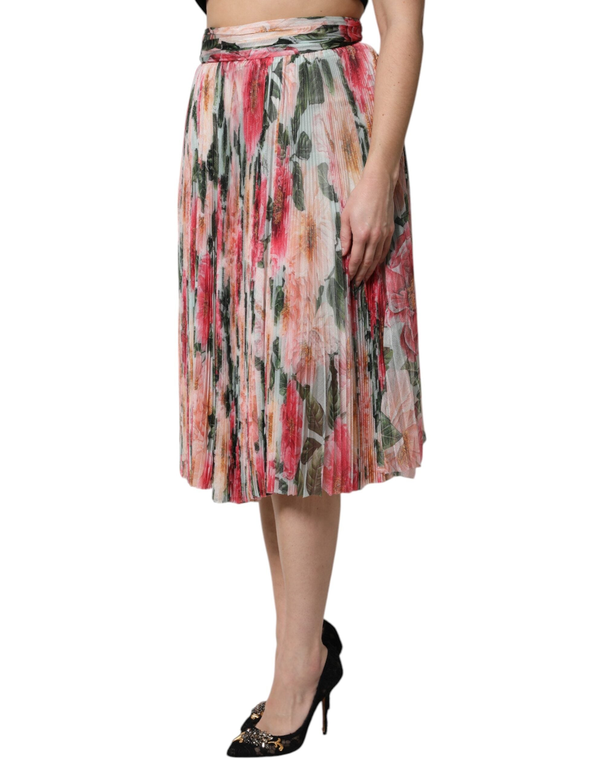 Multicolor Silk Floral High Waist Midi Skirt - ventzia
